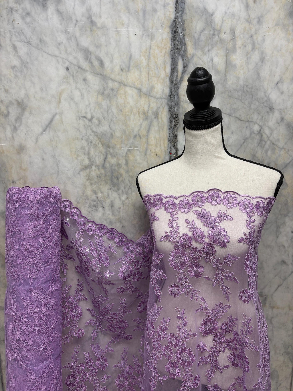 Lilac Lace fabric design bloom 6 width 49", Double scalloped embroidery sequence.