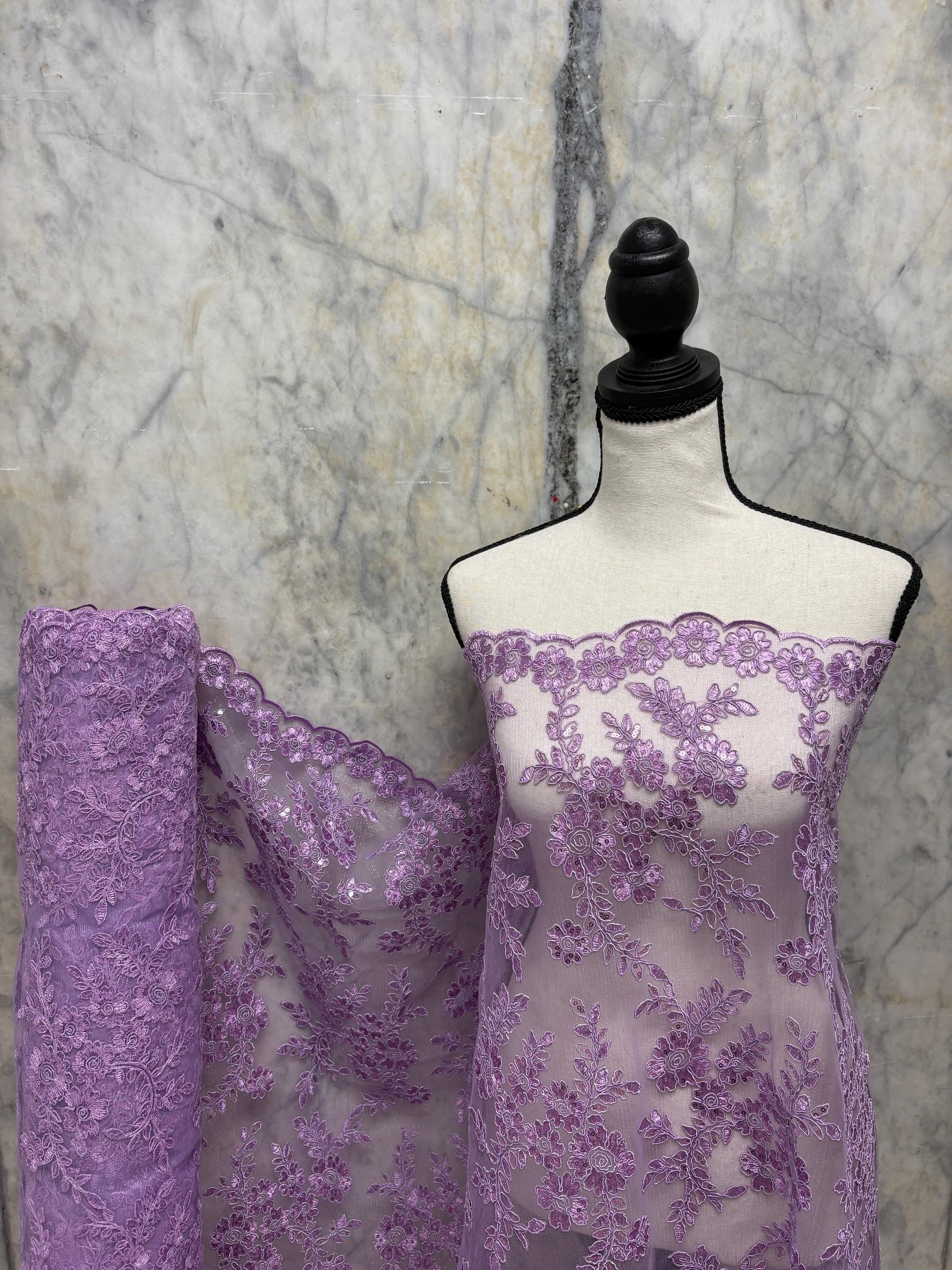 Lilac Lace fabric design bloom 6 width 49", Double scalloped embroidery sequence.