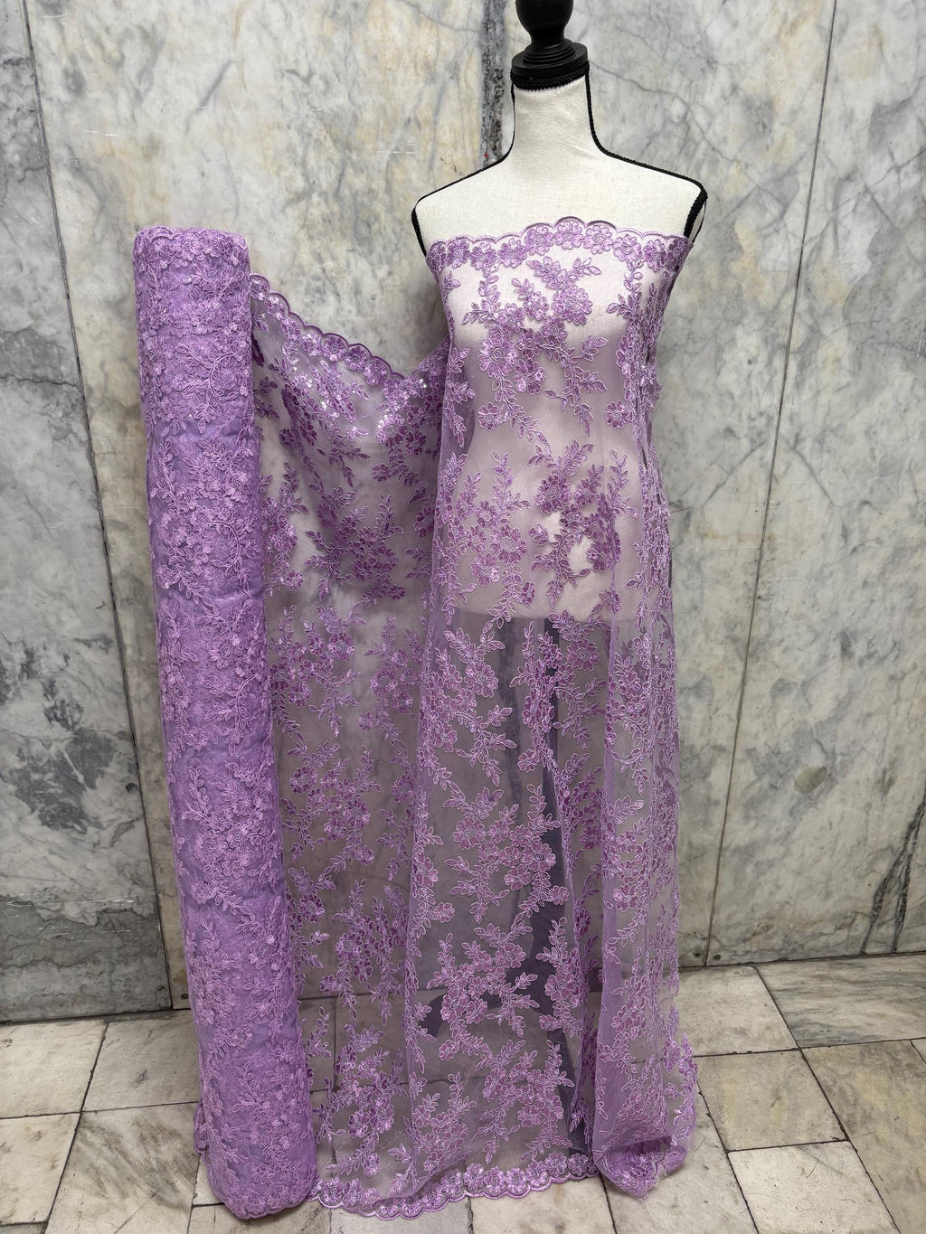 Lilac Lace fabric design bloom 6 width 49", Double scalloped embroidery sequence.