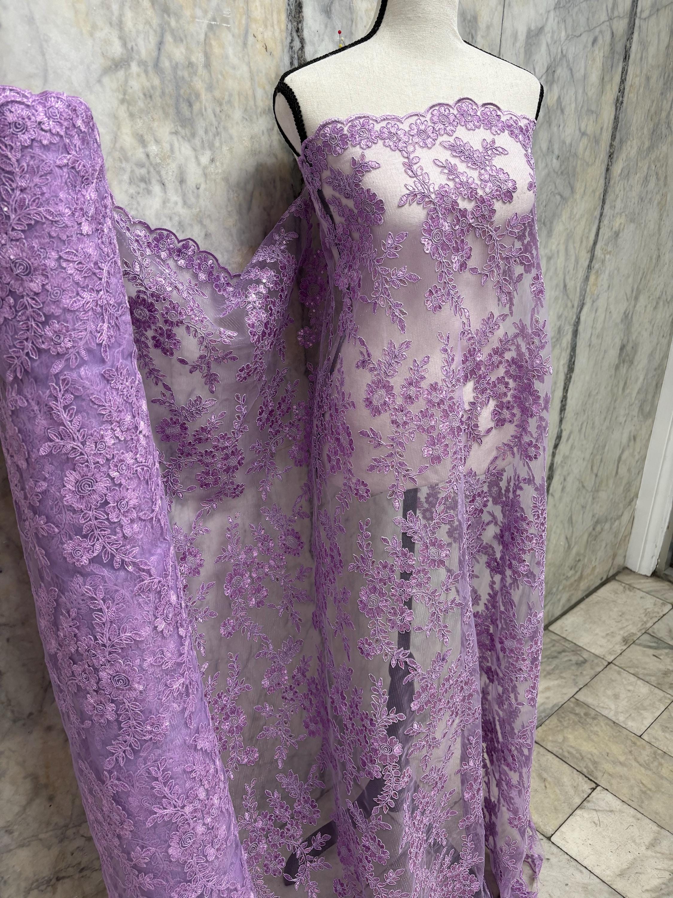 Lilac Lace fabric design bloom 6 width 49", Double scalloped embroidery sequence.