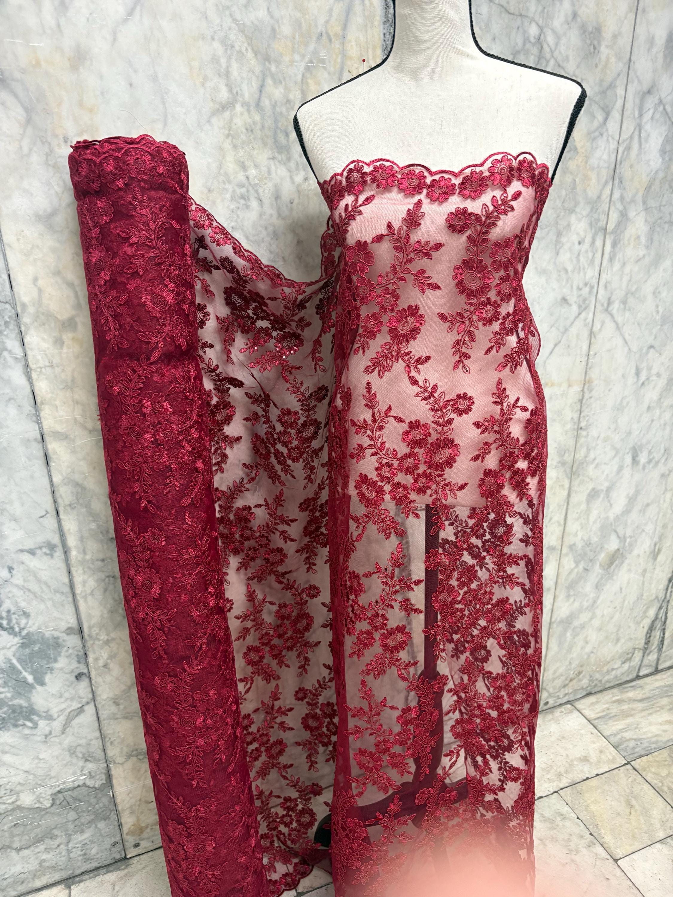 Burgundy Lace fabric design bloom 6 width 49". Double scalloped embroidery sequence.