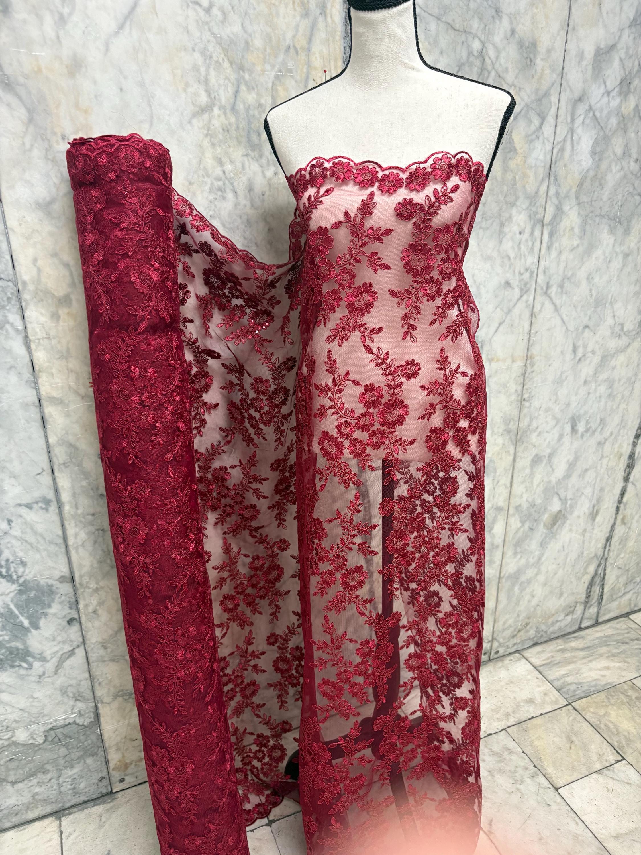 Burgundy Lace fabric design bloom 6 width 49". Double scalloped embroidery sequence.