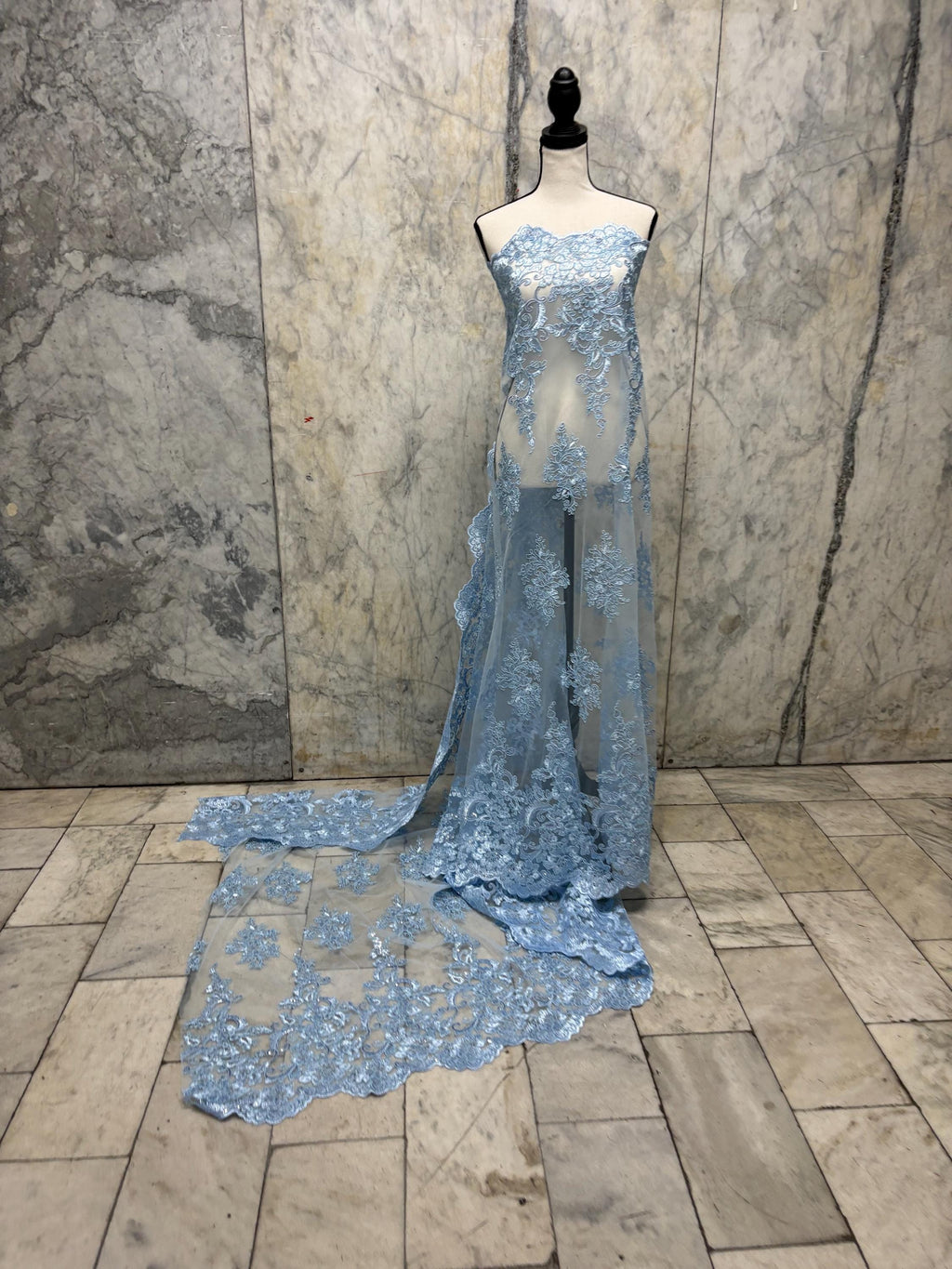 Blue Lace Fabric Design US50. Double scalloped sequence embroidered width 49/50 inches. condition New. sell by yard.