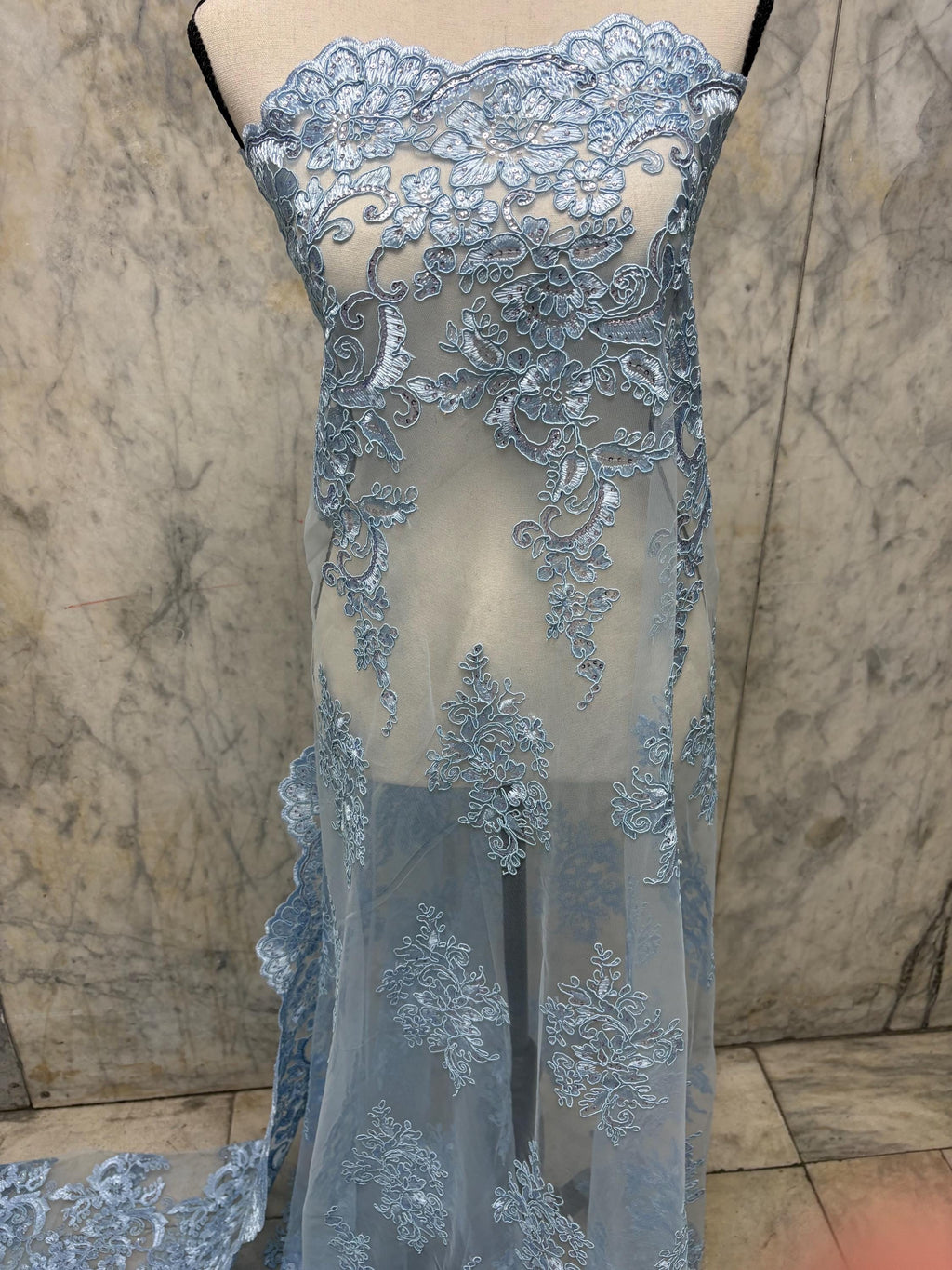 Blue Lace Fabric Design US50. Double scalloped sequence embroidered width 49/50 inches. condition New. sell by yard.