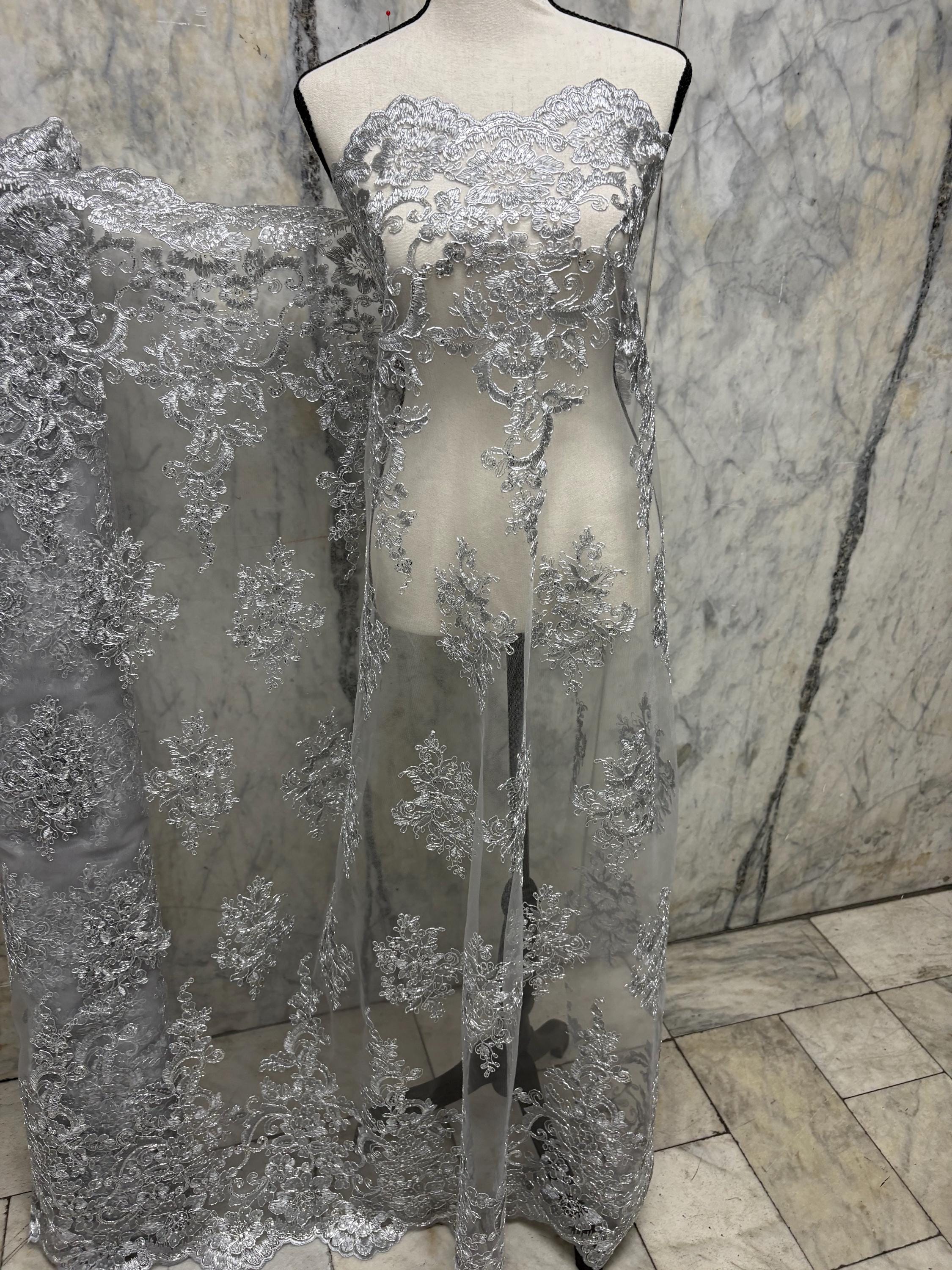 Lace Design#US50 color grey width 49/50 inches, Double scalloped Sequence Embroidery. 49/50". free sample.
