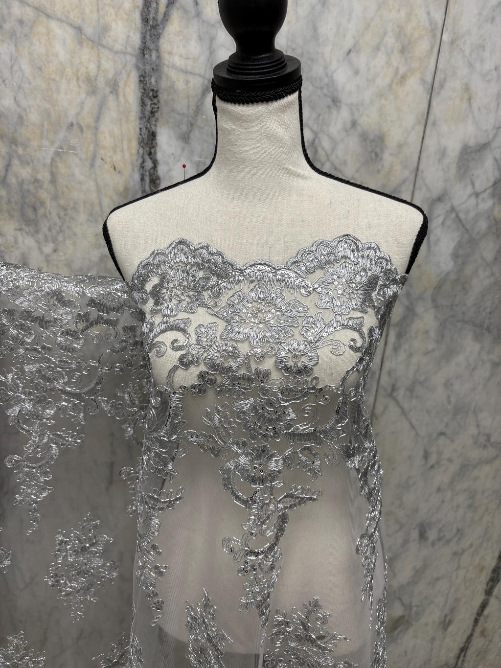 Lace Design#US50 color grey width 49/50 inches, Double scalloped Sequence Embroidery. 49/50". free sample.