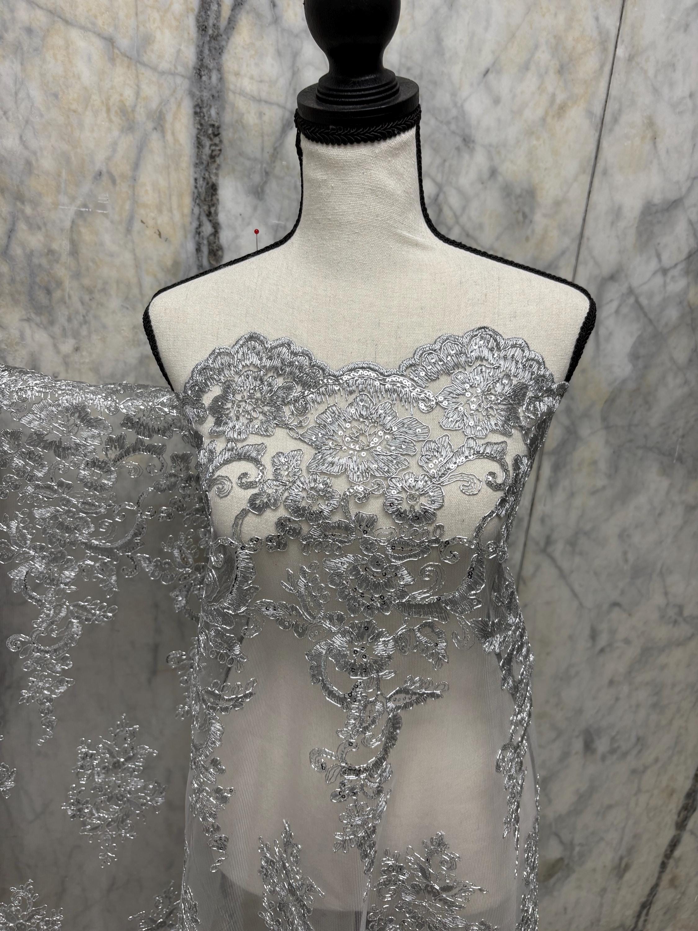 Lace Design#US50 color grey width 49/50 inches, Double scalloped Sequence Embroidery. 49/50". free sample.