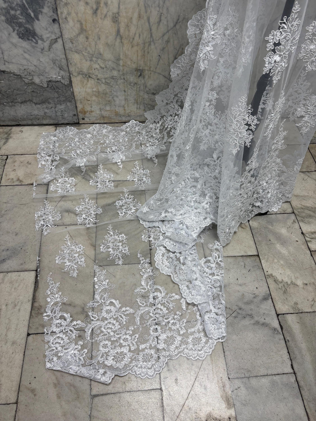 White Lace Fabric Design US50. Double scalloped sequence embroidered width 49/50 inches. condition New. sell by yard. tela de encaje blanco