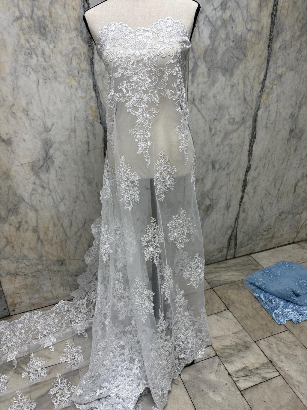 White Lace Fabric Design US50. Double scalloped sequence embroidered width 49/50 inches. condition New. sell by yard. tela de encaje blanco