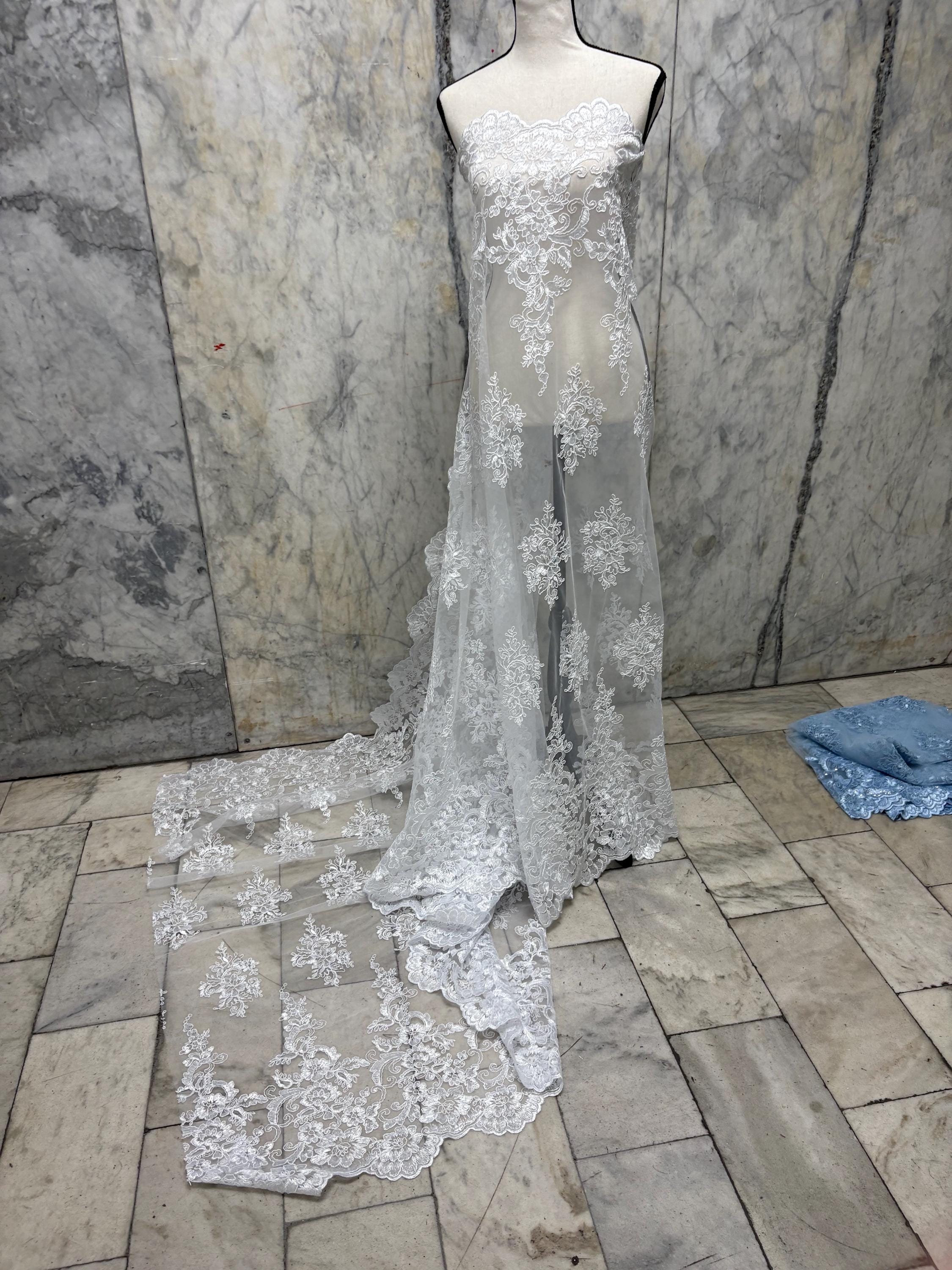 White Lace Fabric Design US50. Double scalloped sequence embroidered width 49/50 inches. condition New. sell by yard. tela de encaje blanco