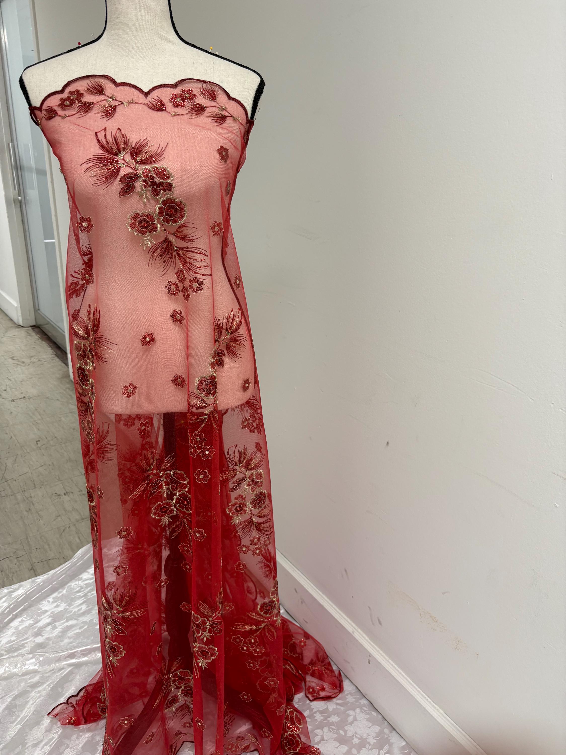 3-yard Red-colored lace fabric design ZD08088, sequins, embroidery double scalloped edges. Width 49/50". sell by 3 yards increment.