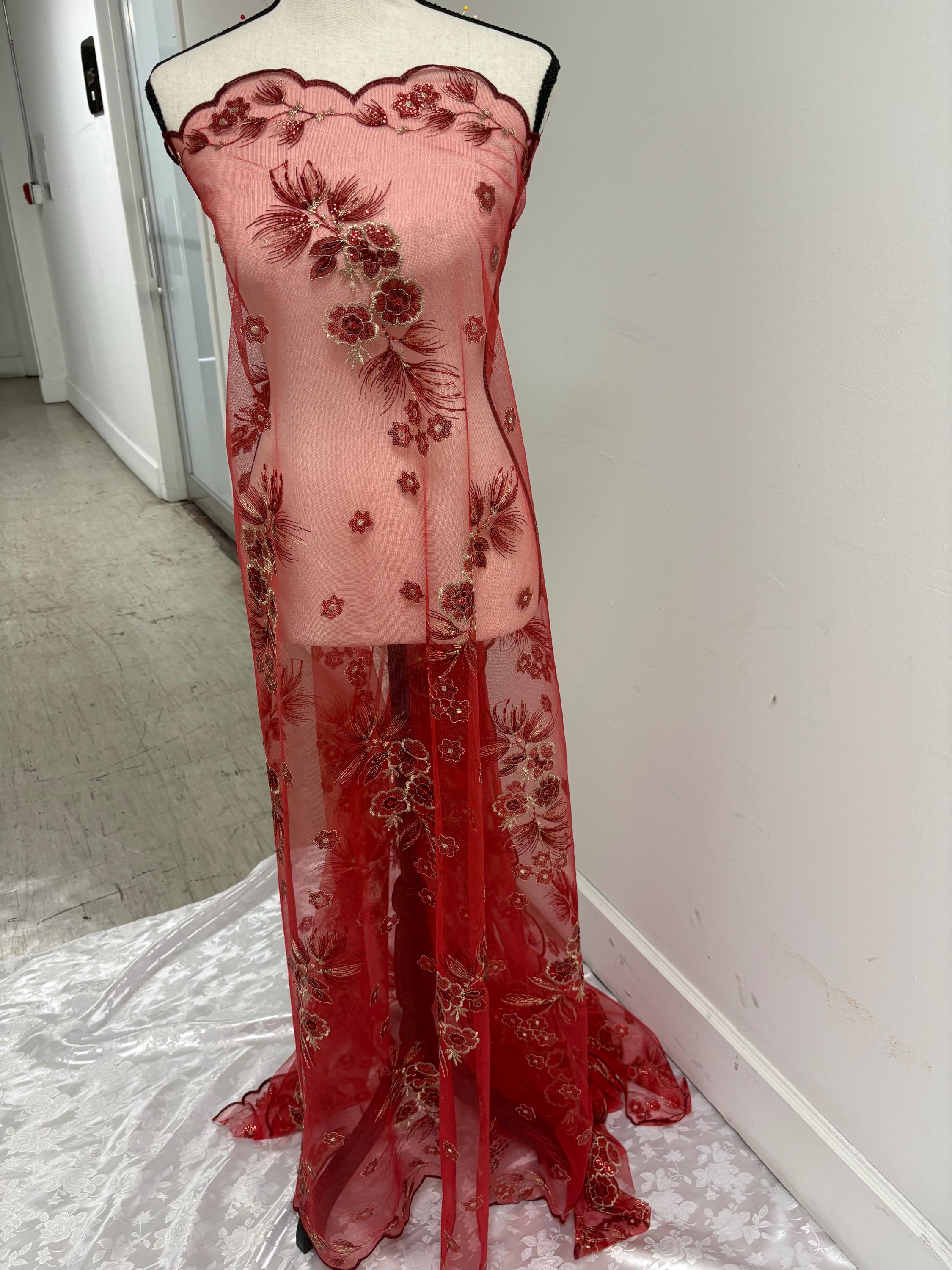 3-yard Red-colored lace fabric design ZD08088, sequins, embroidery double scalloped edges. Width 49/50". sell by 3 yards increment.
