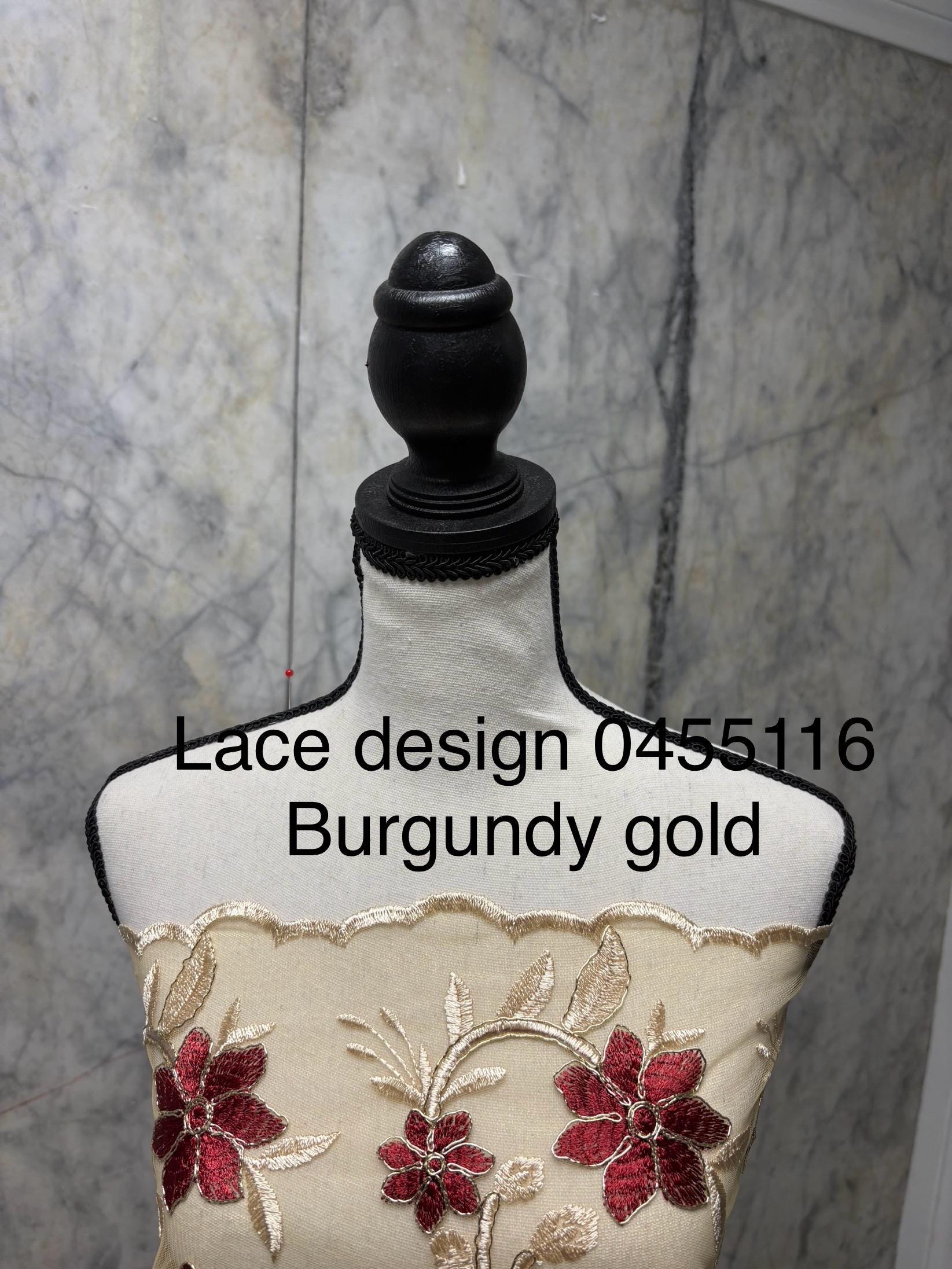 Lace Floral Embroidery on Mesh fabric, width 49/50" Color gold / Burgundy flower. Design RO 0455116