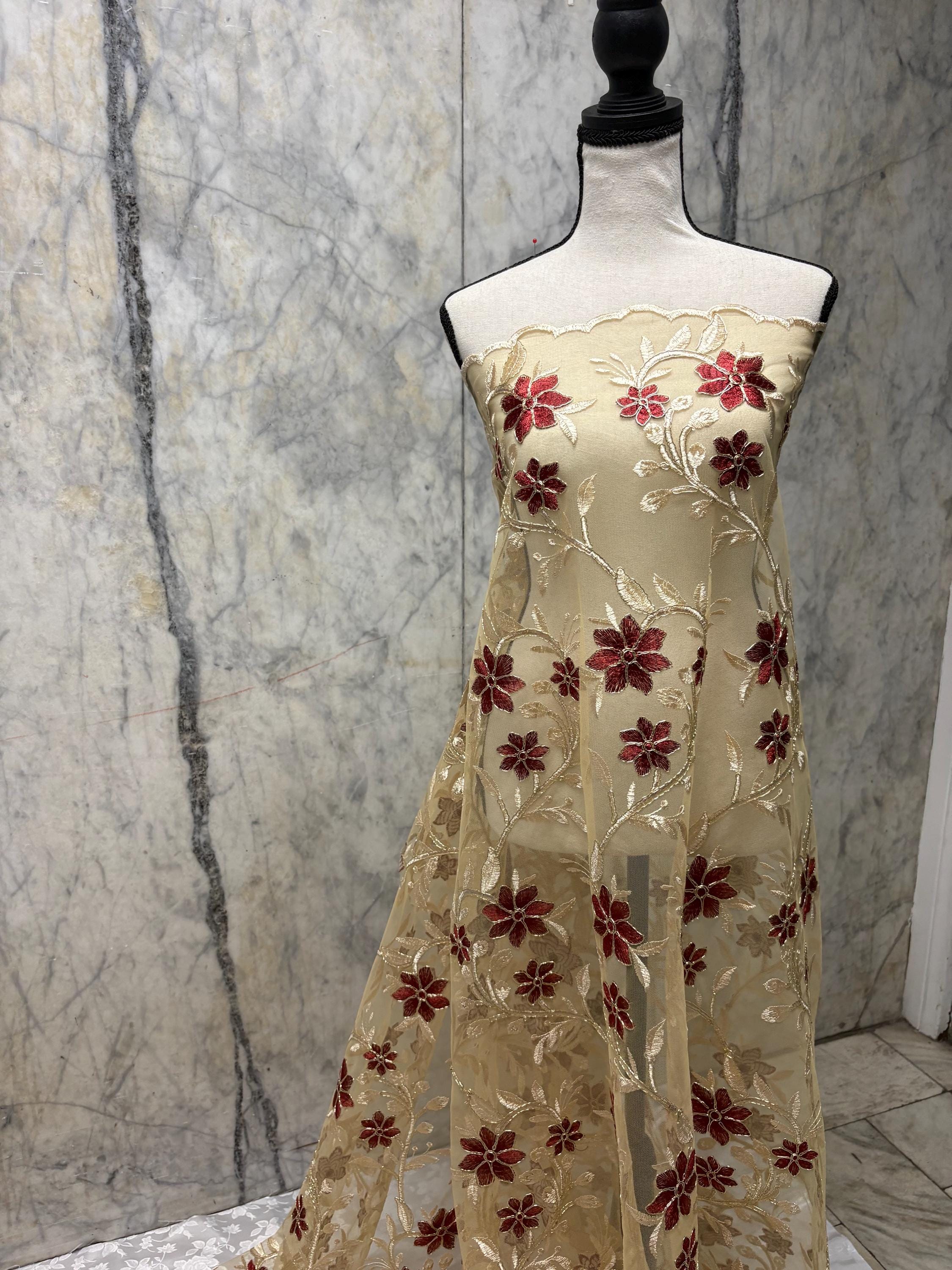 Lace Floral Embroidery on Mesh fabric, width 49/50" Color gold / Burgundy flower. Design RO 0455116