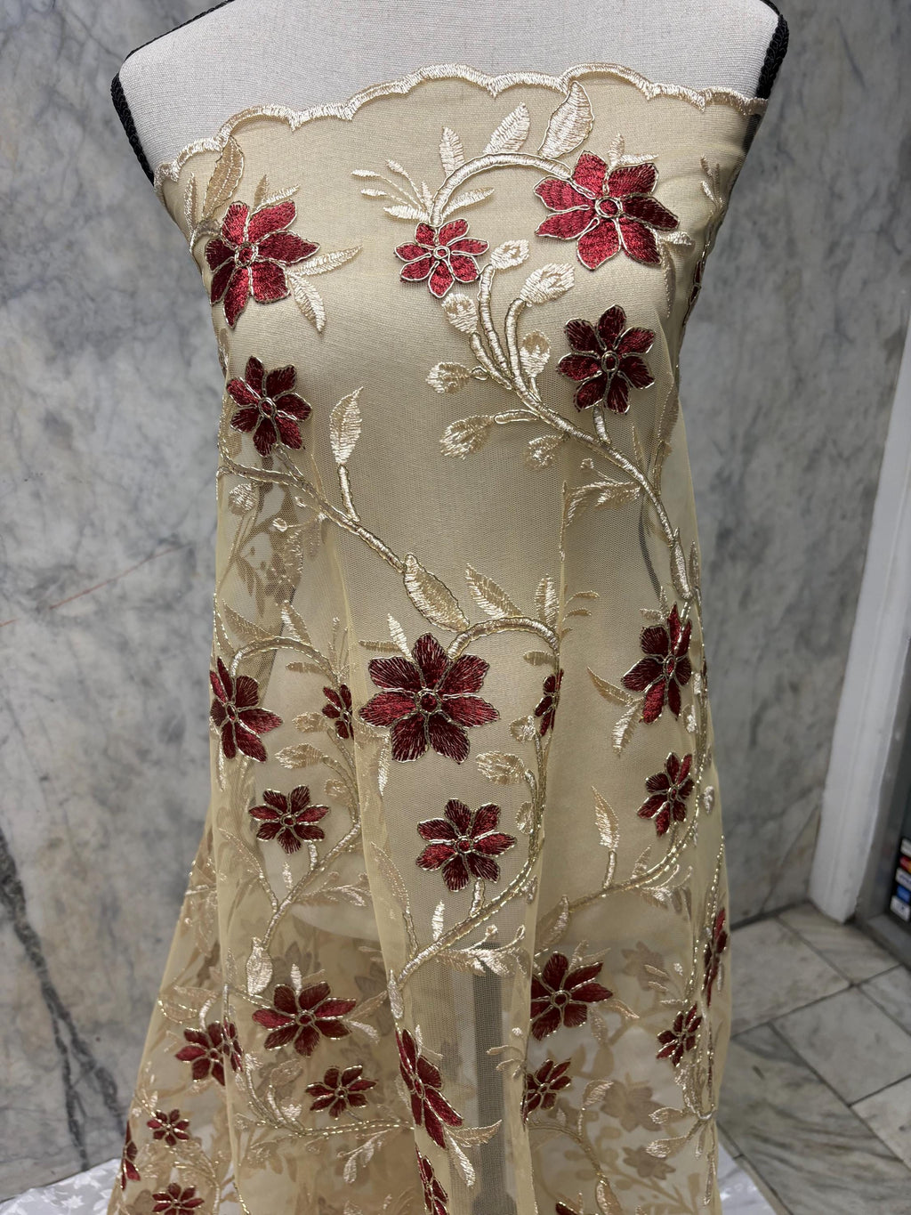 Lace Floral Embroidery on Mesh fabric, width 49/50" Color gold / Burgundy flower. Design RO 0455116