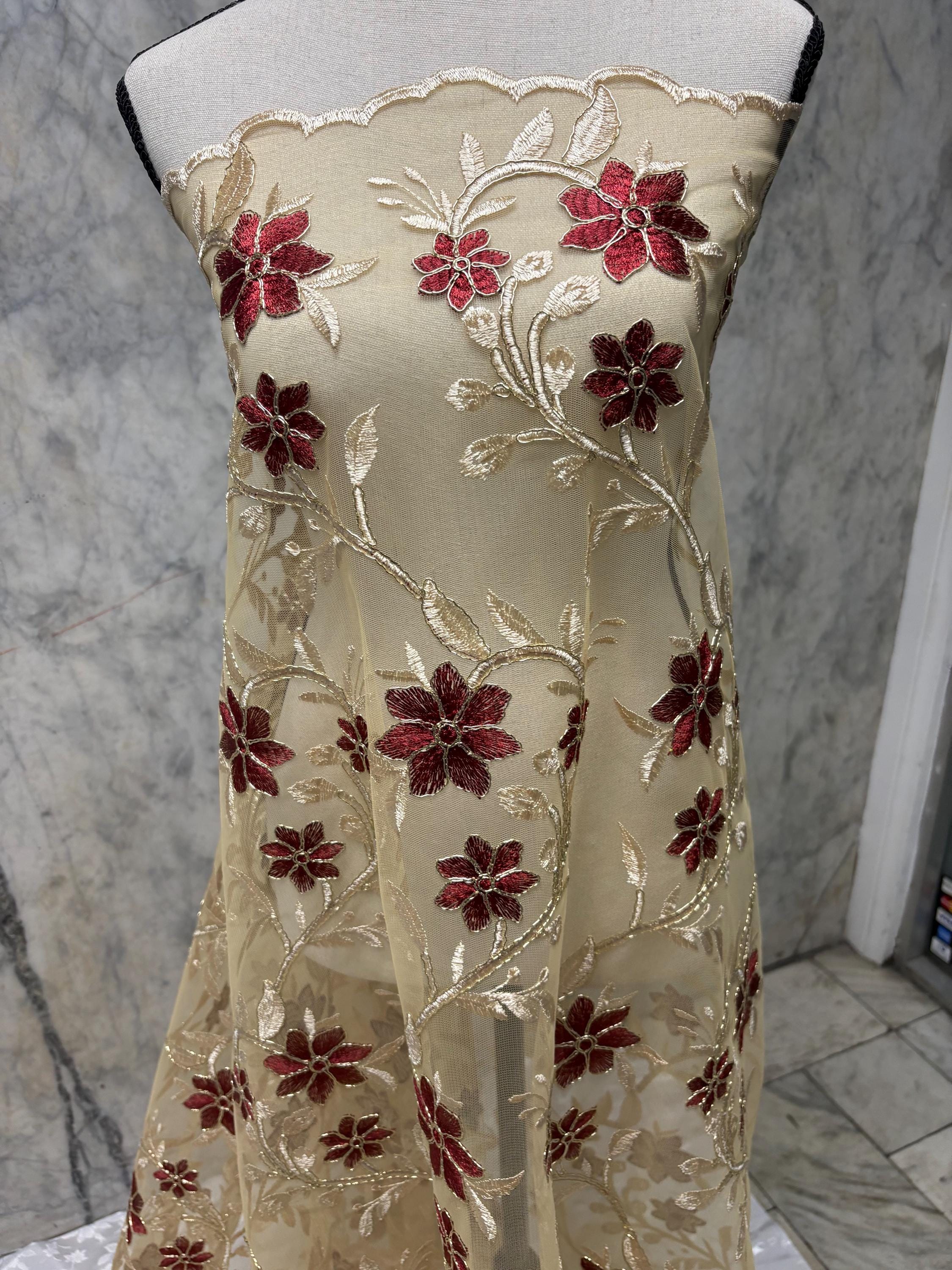 Lace Floral Embroidery on Mesh fabric, width 49/50" Color gold / Burgundy flower. Design RO 0455116