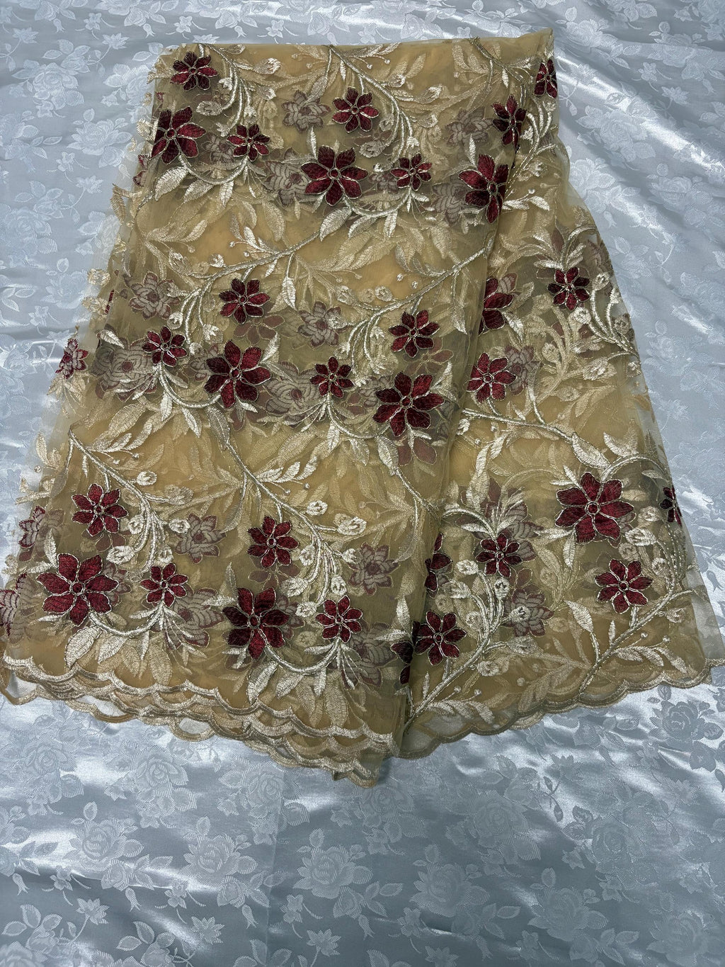 Lace Floral Embroidery on Mesh fabric, width 49/50" Color gold / Burgundy flower. Design RO 0455116