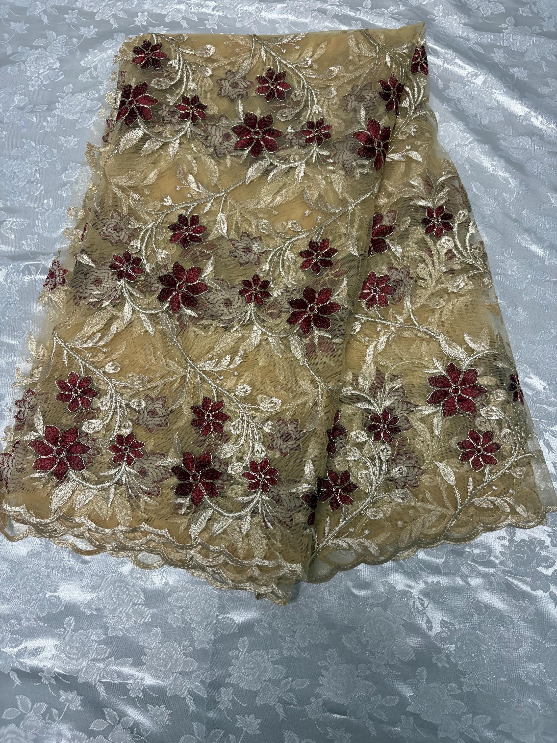 Lace Floral Embroidery on Mesh fabric, width 49/50" Color gold / Burgundy flower. Design RO 0455116