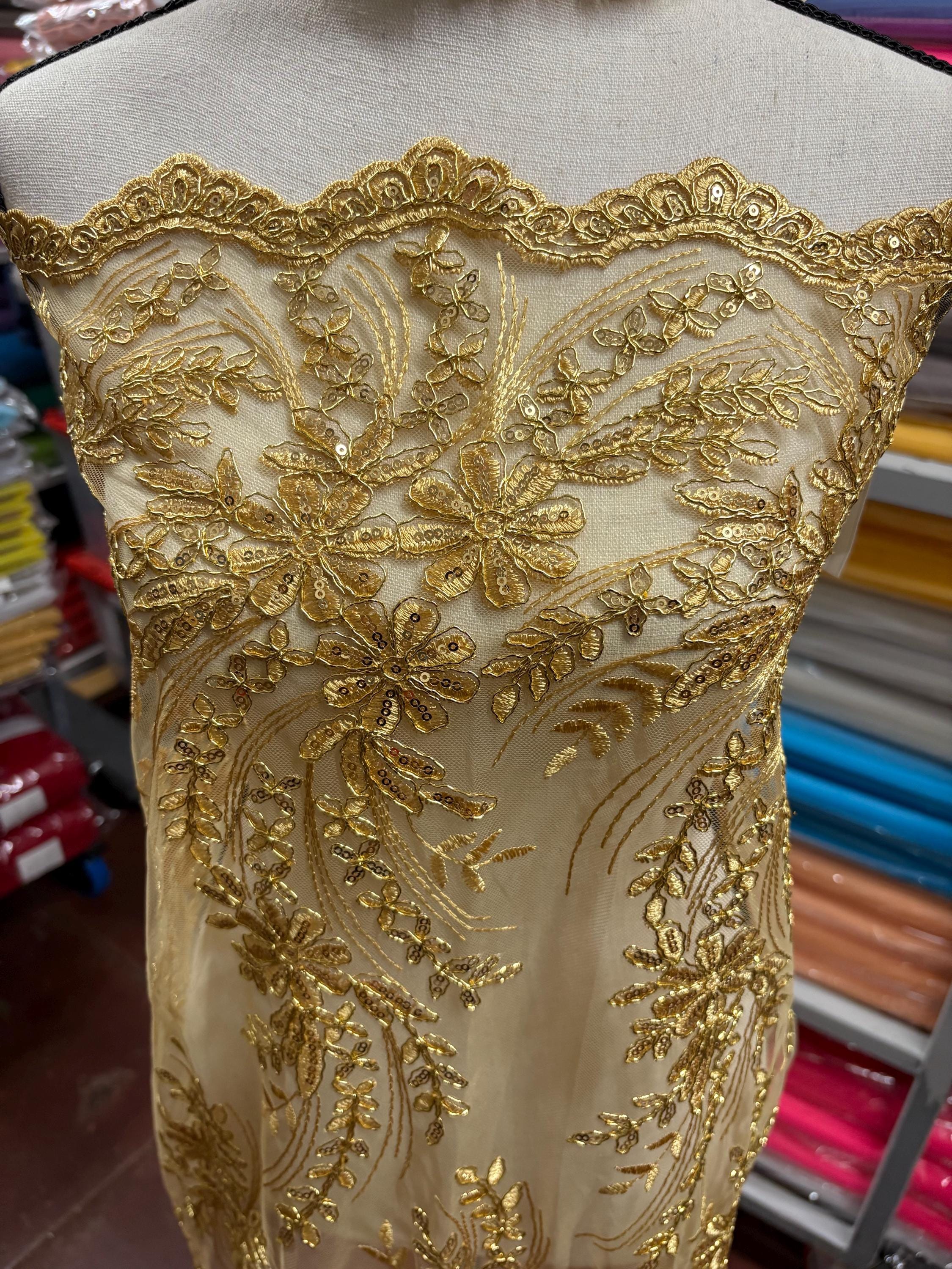 Gold color Lace sell by yard desin 1081 49/50" width Embroidery metallic sequins double scalloped Lace.