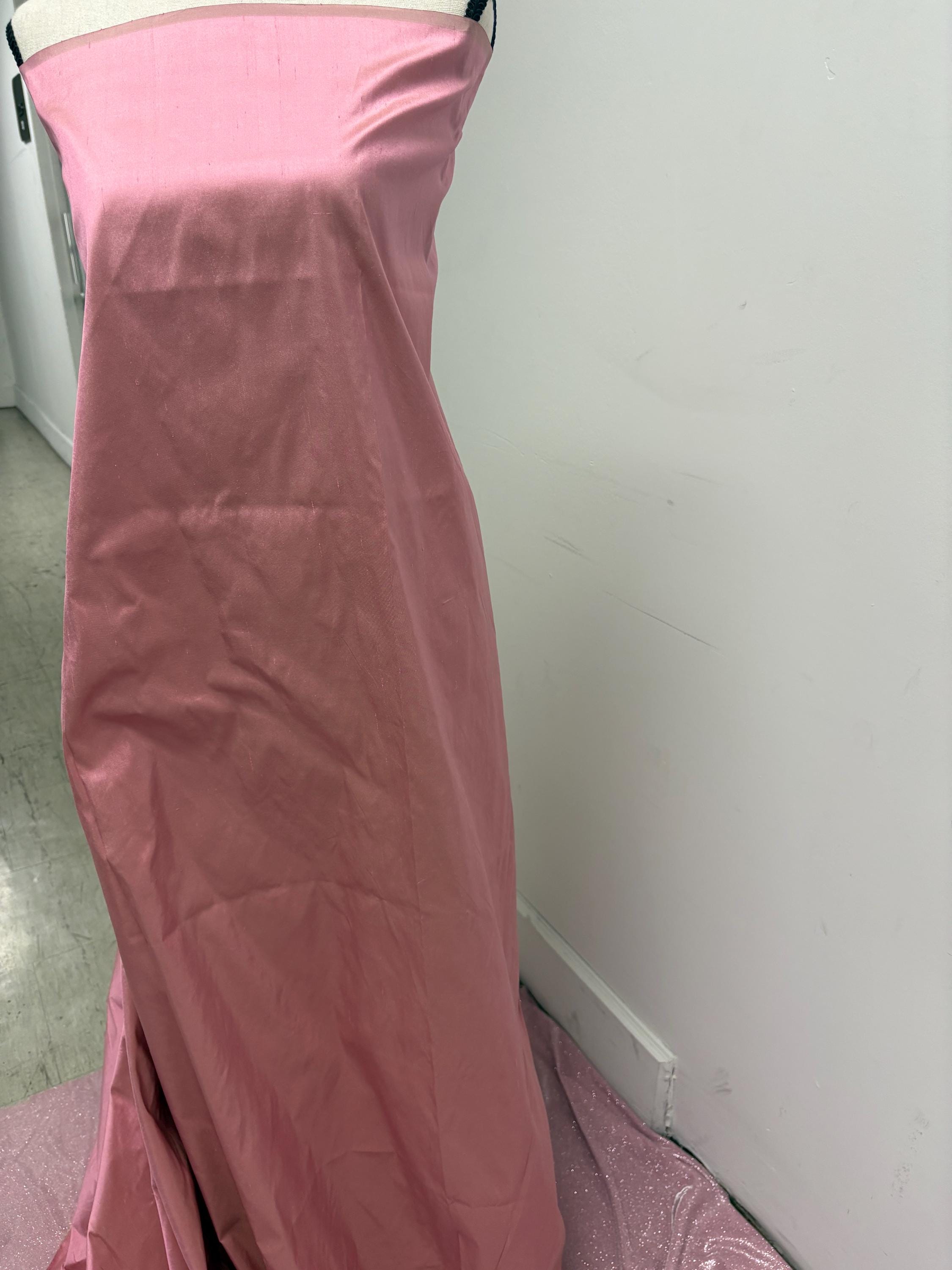 100% silk Dupioni Taffeta width 54" color is Rose sage. Machine made, fabric has slubs. Item # 9. Fabric has greenish tone.free sample.