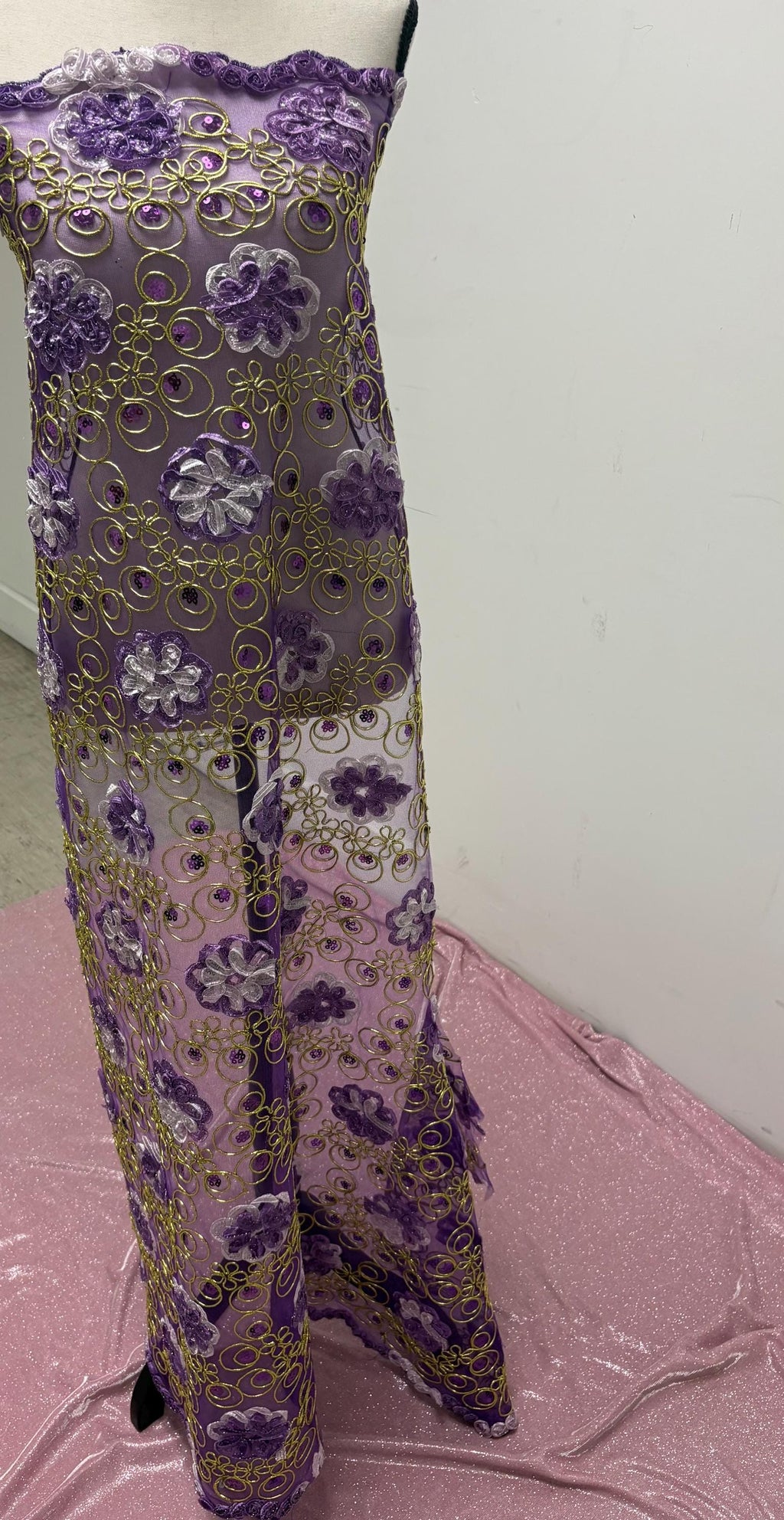3-yard Lace ribbon corded double scalloped. Width 49/50". Color Purple sell by 3 yards increment continues.