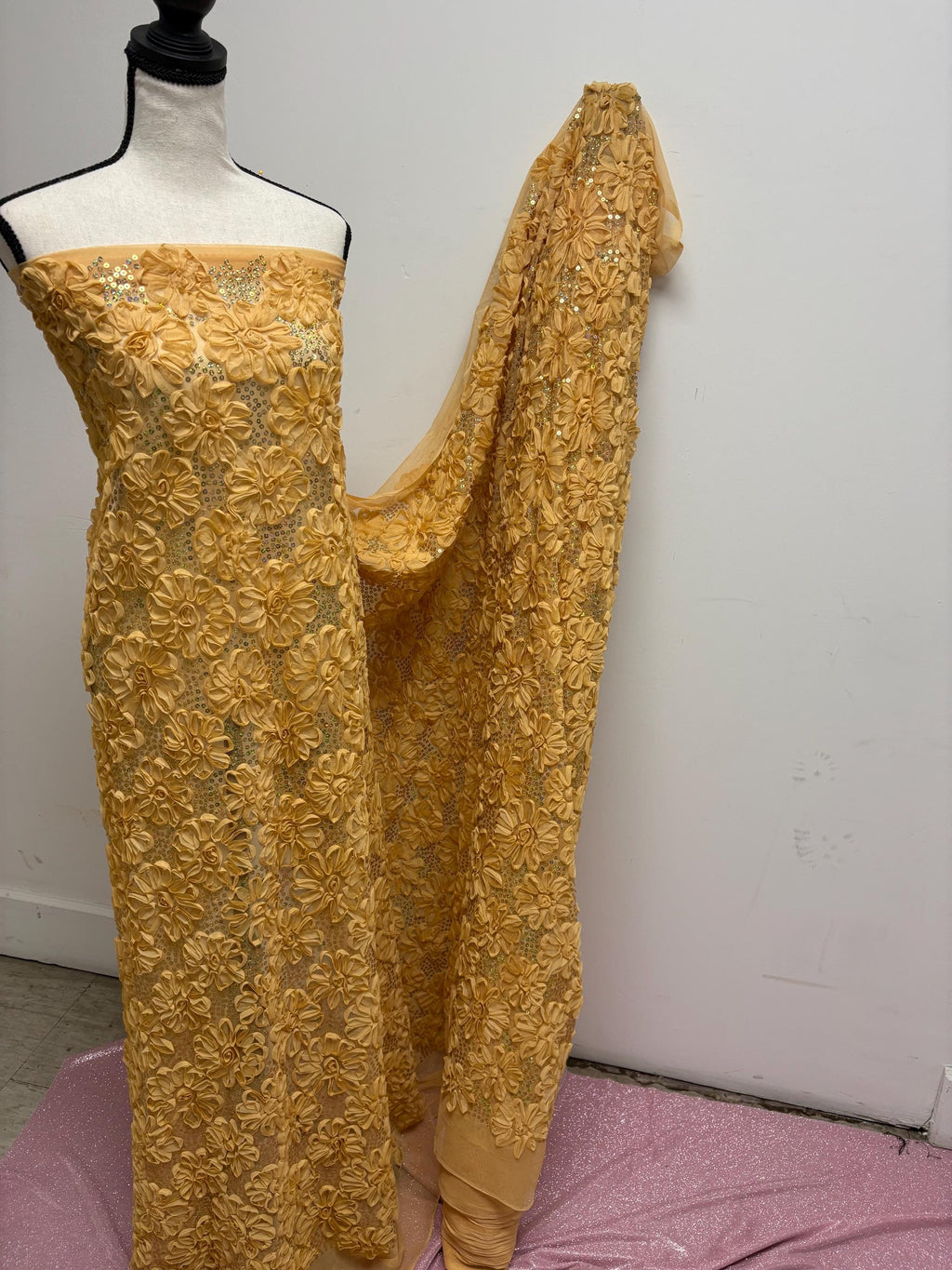 Chiffon ribbon mesh fabric color gold with sequence. sells by yard.