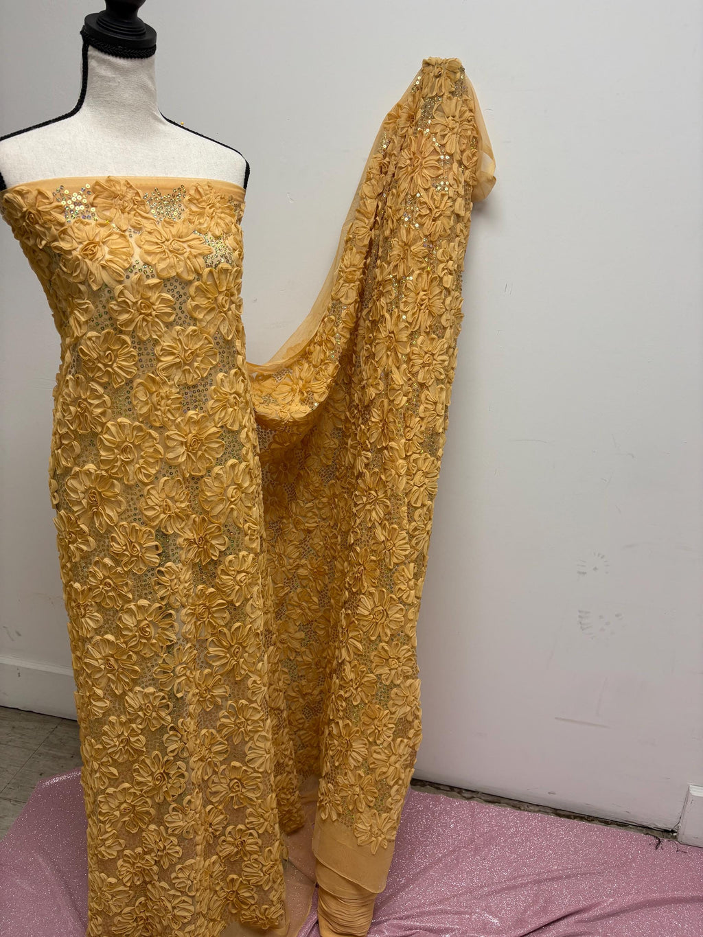 Chiffon ribbon mesh fabric color gold with sequence. sells by yard.