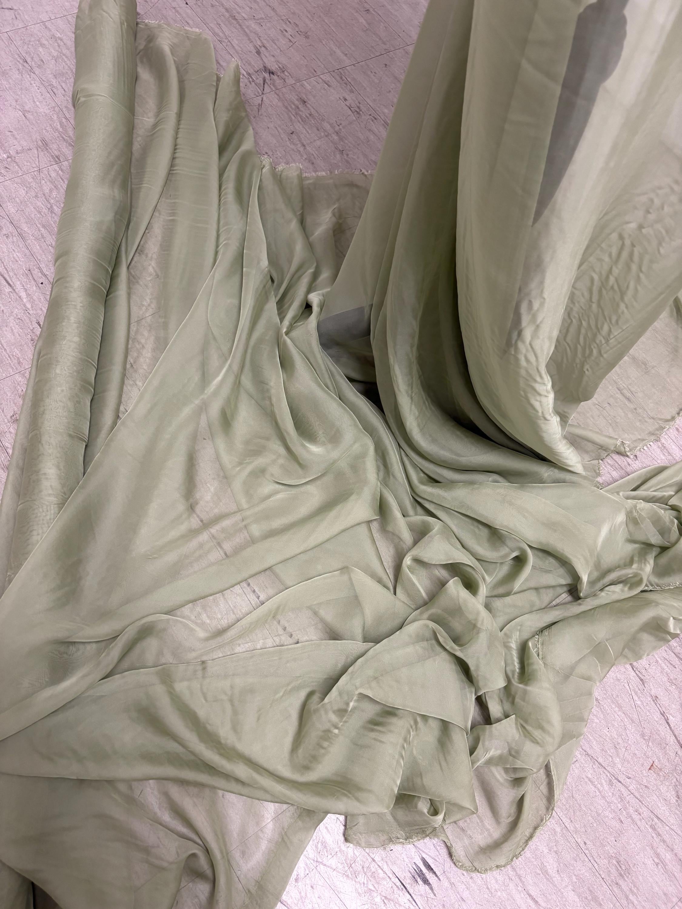 A 3 yards chiffon fabric color Lt.sage sell by 3 yards increment continuous, width 58/60" polyester, soft sheer see through fabric.