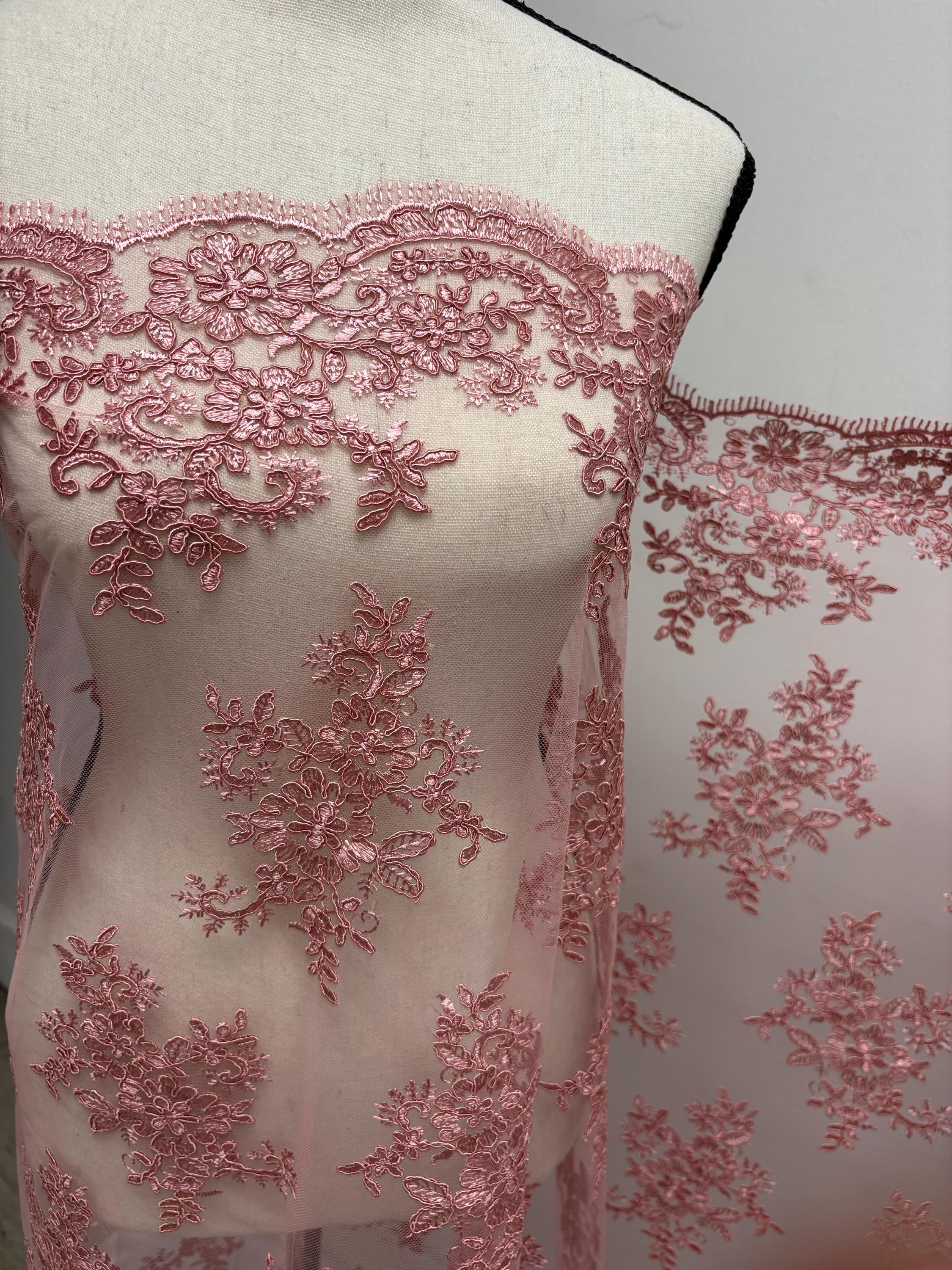 Dusty rose Lace fabric design 4357 double scalloped embroidery width 49/50".100% polyester. free sample.