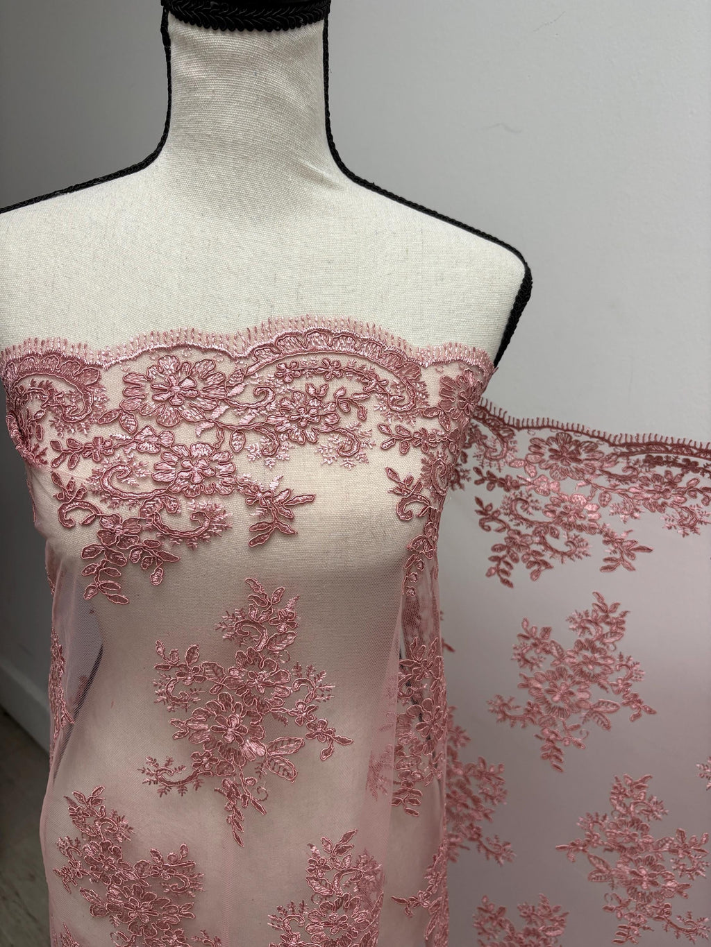 Dusty rose Lace fabric design 4357 double scalloped embroidery width 49/50".100% polyester. free sample.