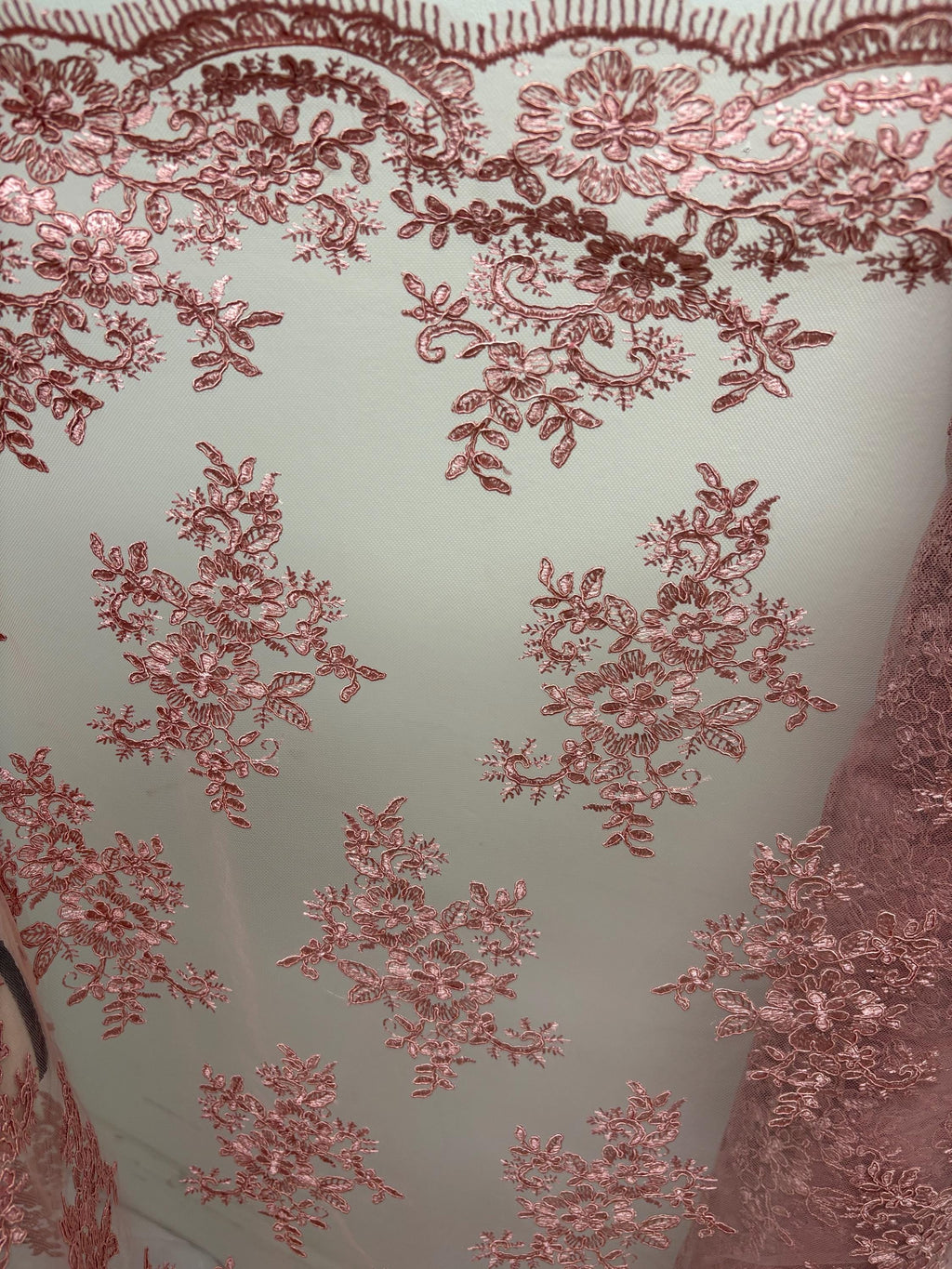 Dusty rose Lace fabric design 4357 double scalloped embroidery width 49/50".100% polyester. free sample.