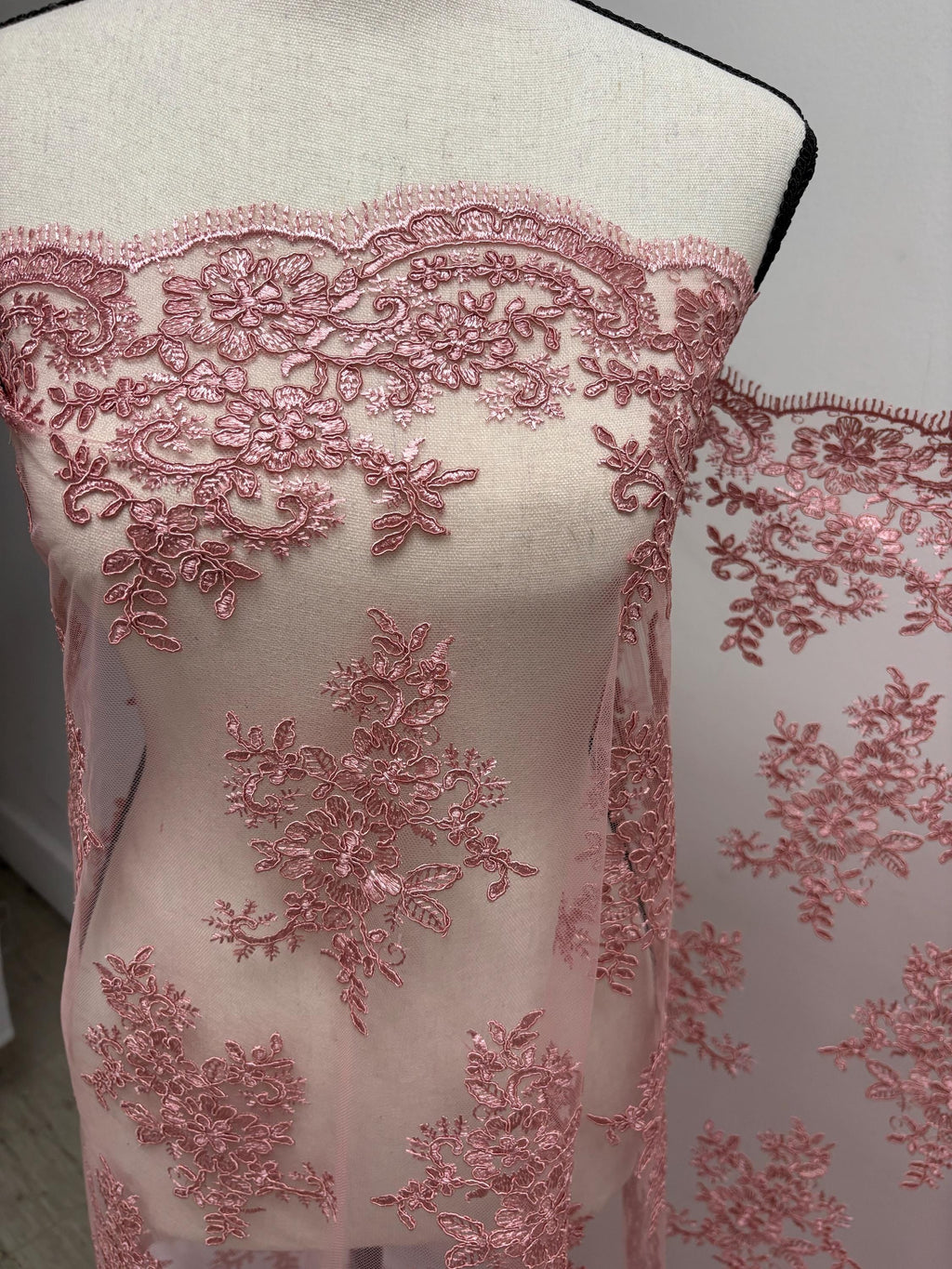 Dusty rose Lace fabric design 4357 double scalloped embroidery width 49/50".100% polyester. free sample.