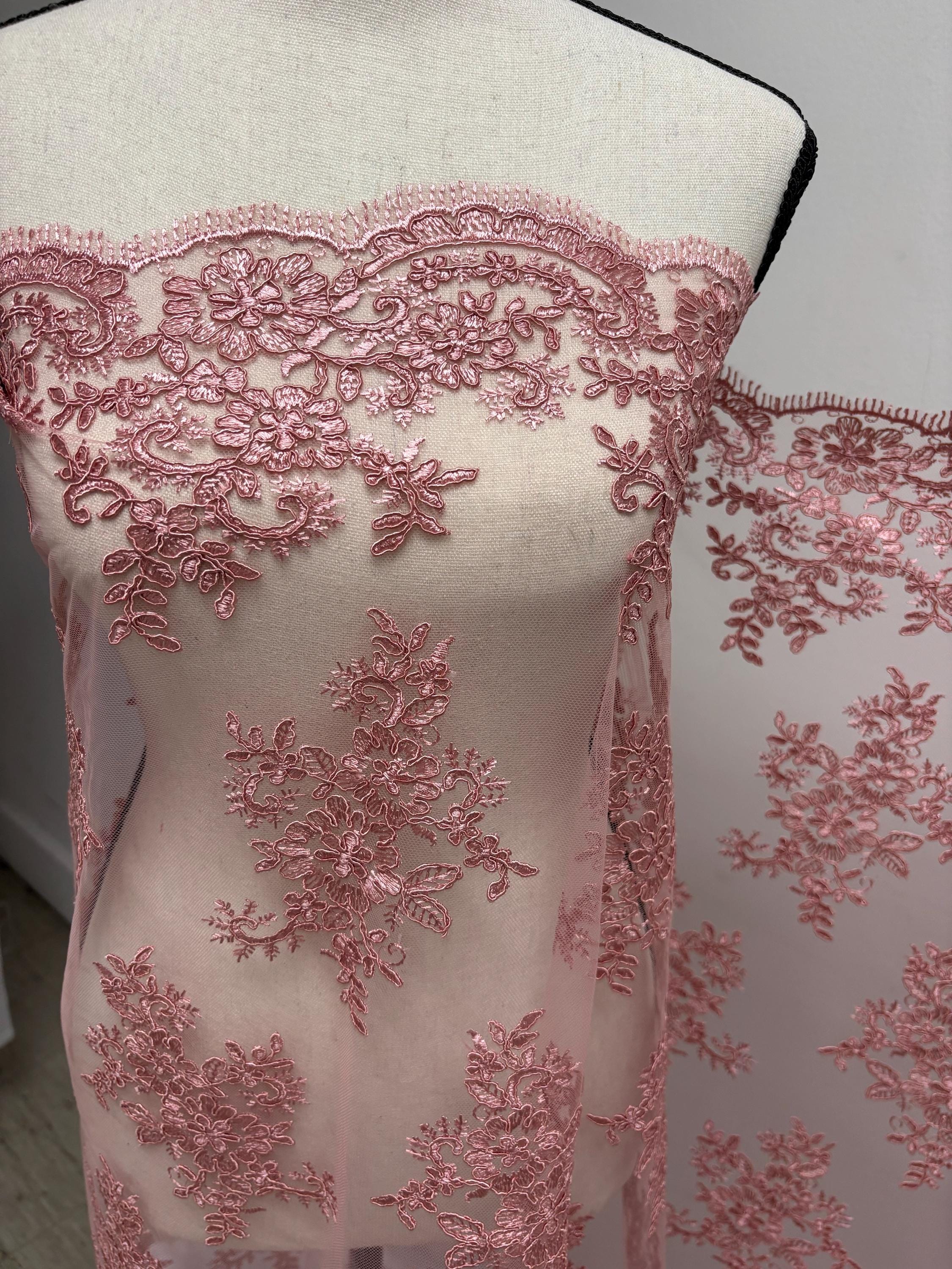 Dusty rose Lace fabric design 4357 double scalloped embroidery width 49/50".100% polyester. free sample.