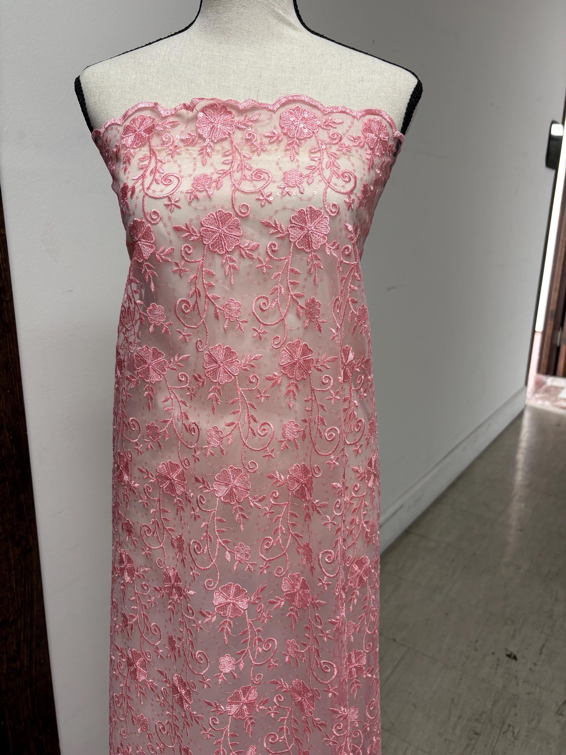Pink lace fabric double scalloped embroidery sequence width 49". Design 04331279. shop with confidence ask fro free sample.