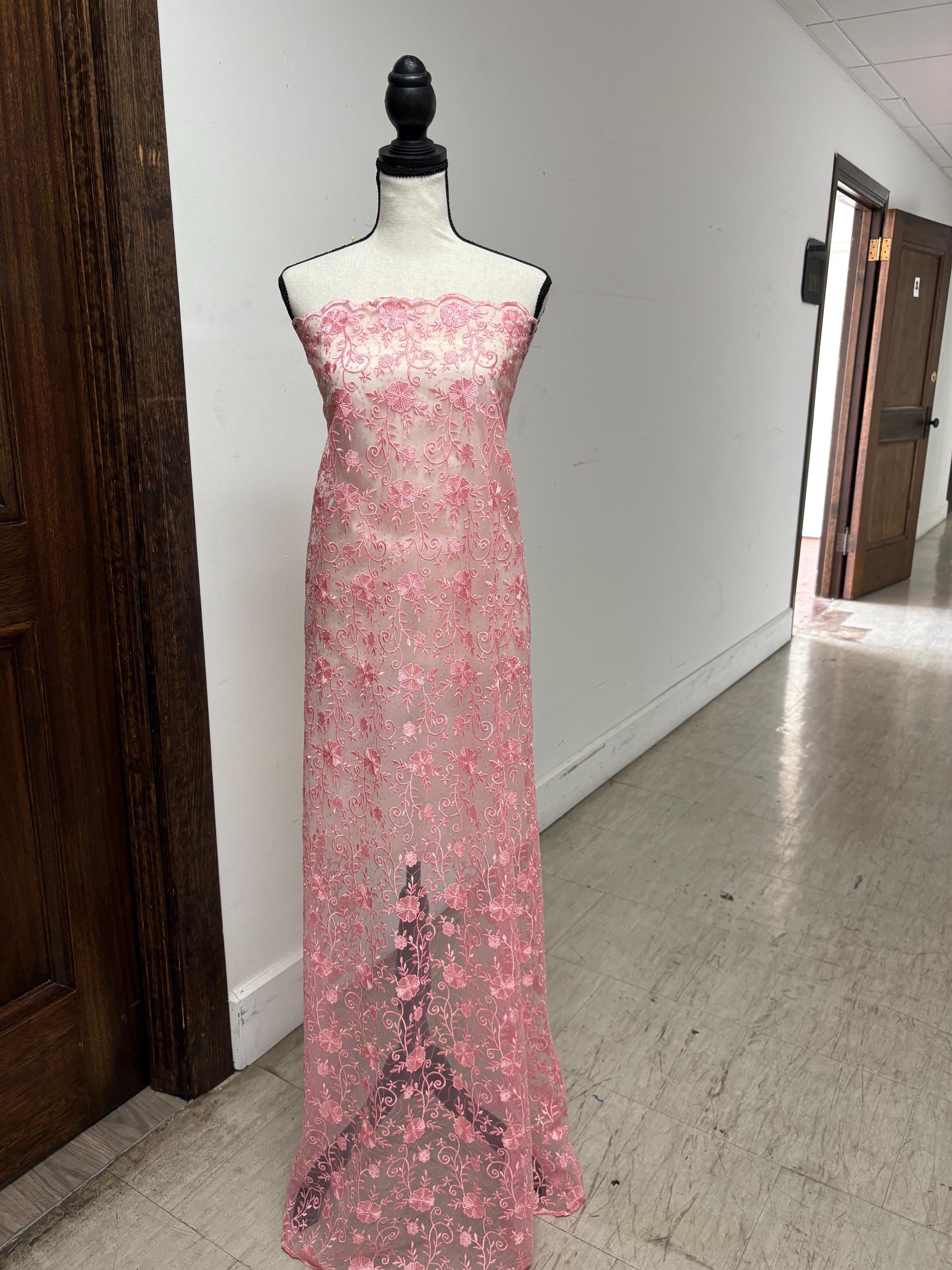 Pink lace fabric double scalloped embroidery sequence width 49". Design 04331279. shop with confidence ask fro free sample.