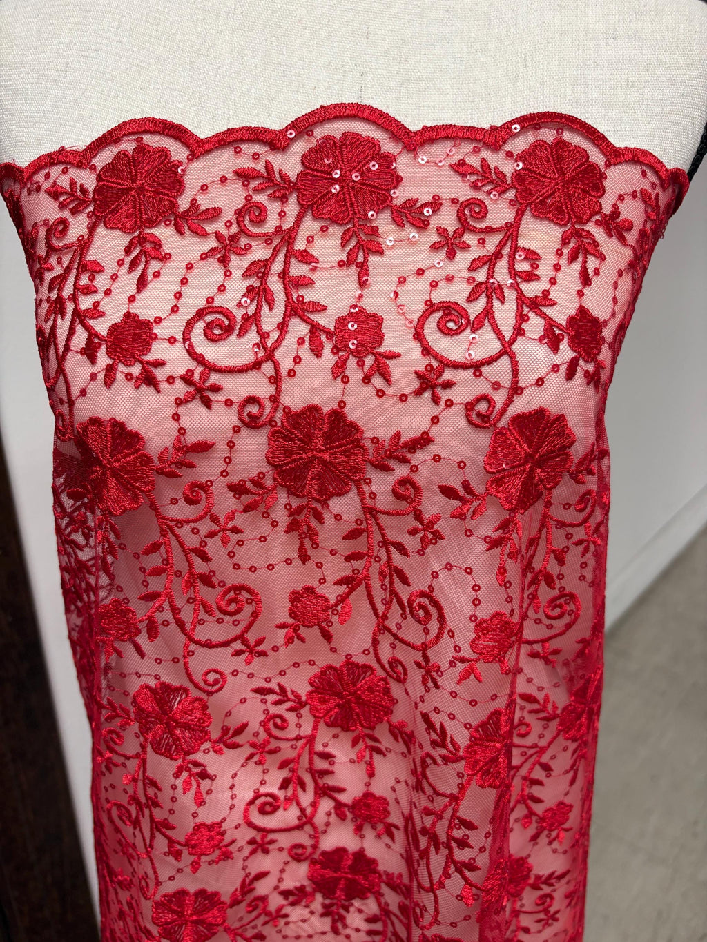 Red lace fabric double scalloped embroidery sequence width 49". Design 04331279. shop with confidence ask fro free sample.
