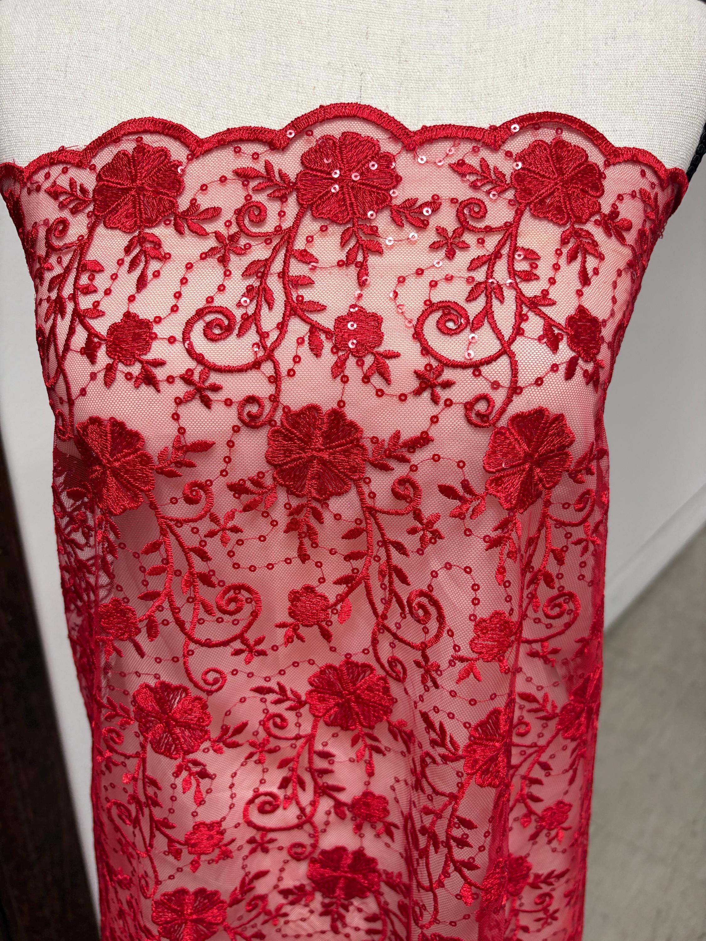 Red lace fabric double scalloped embroidery sequence width 49". Design 04331279. shop with confidence ask fro free sample.