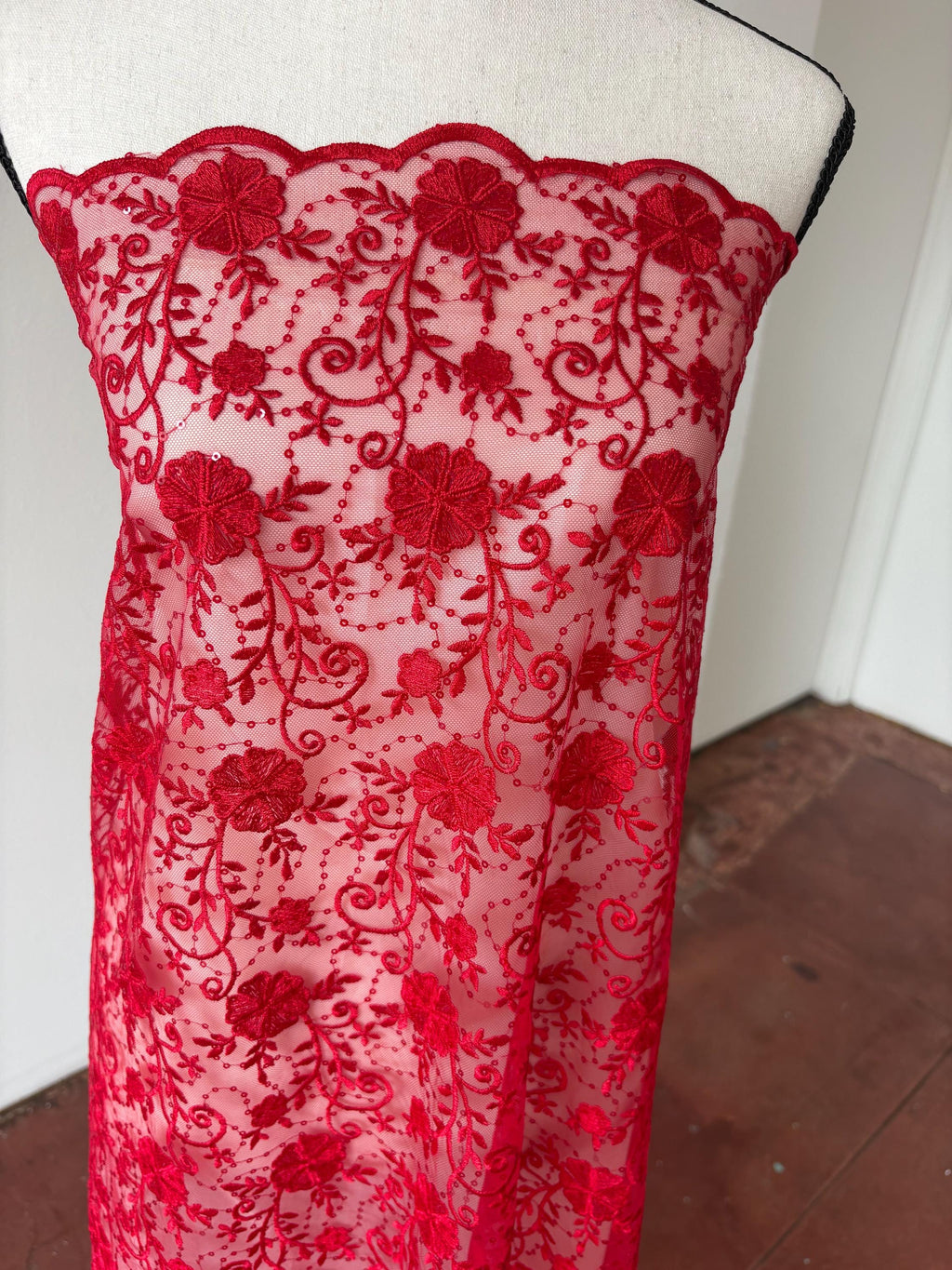 Red lace fabric double scalloped embroidery sequence width 49". Design 04331279. shop with confidence ask fro free sample.