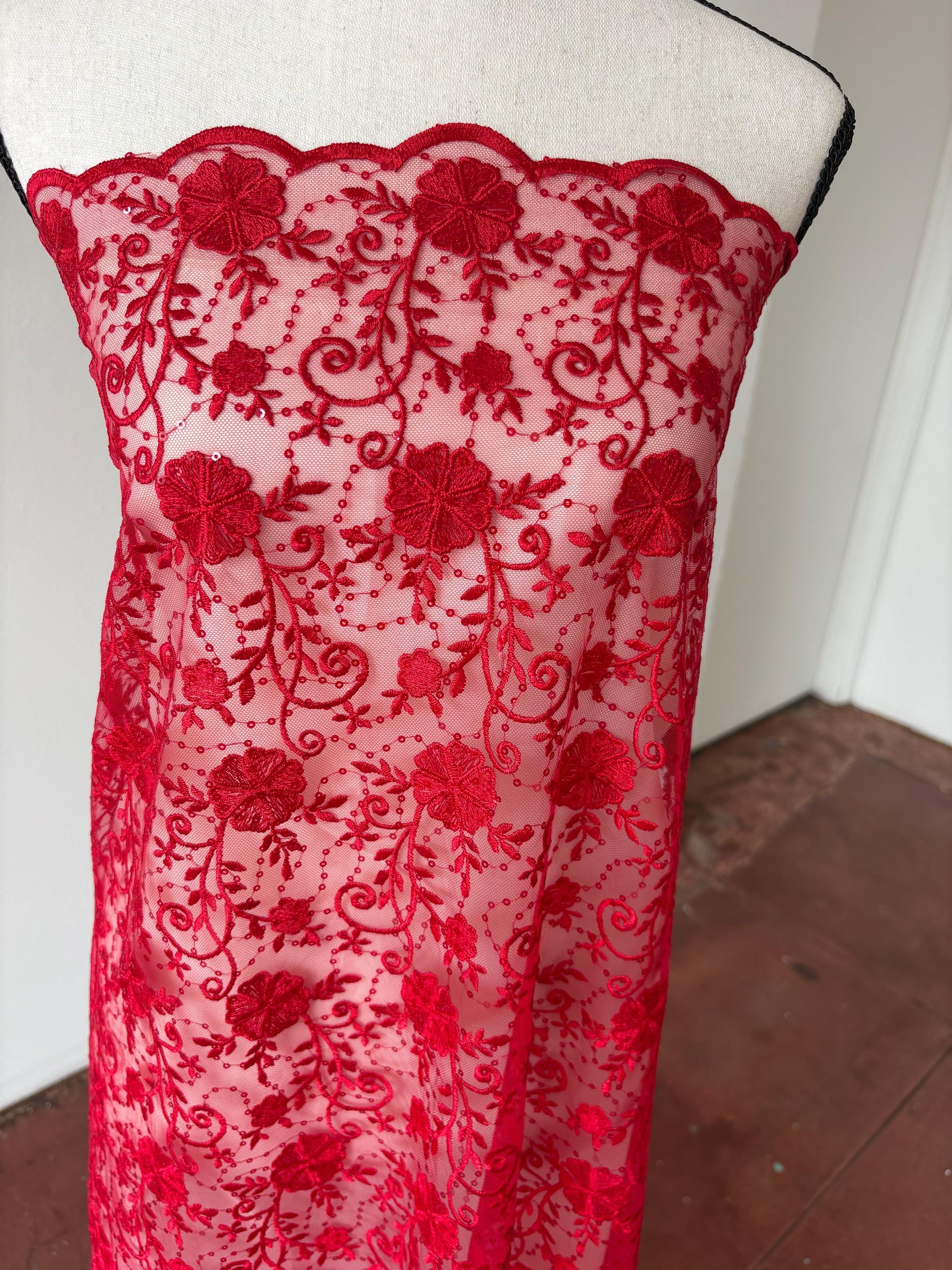 Red lace fabric double scalloped embroidery sequence width 49". Design 04331279. shop with confidence ask fro free sample.