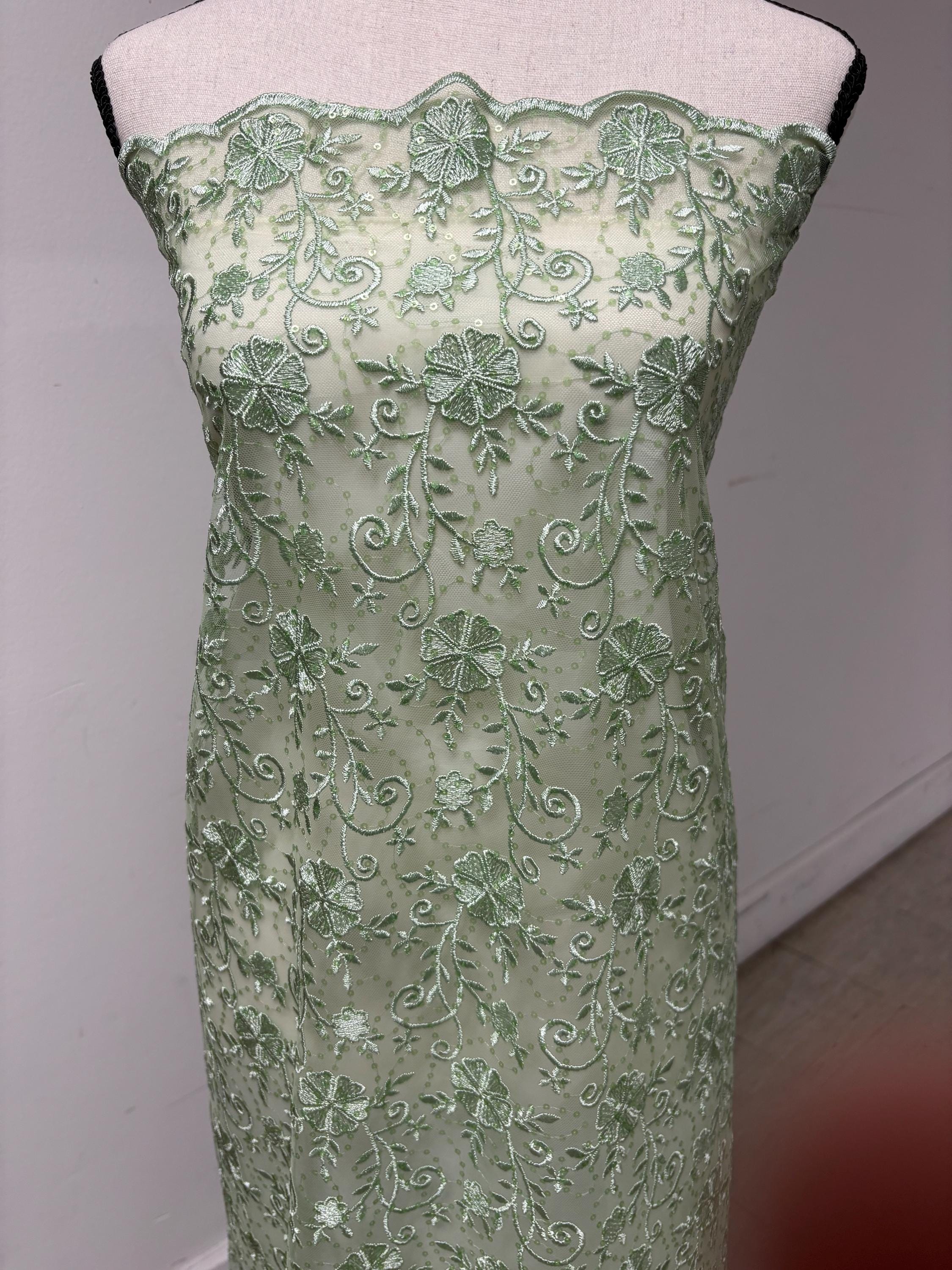 Sage lace fabric double scalloped embroidery sequence width 49". Design 04331279. shop with confidence ask fro free sample.