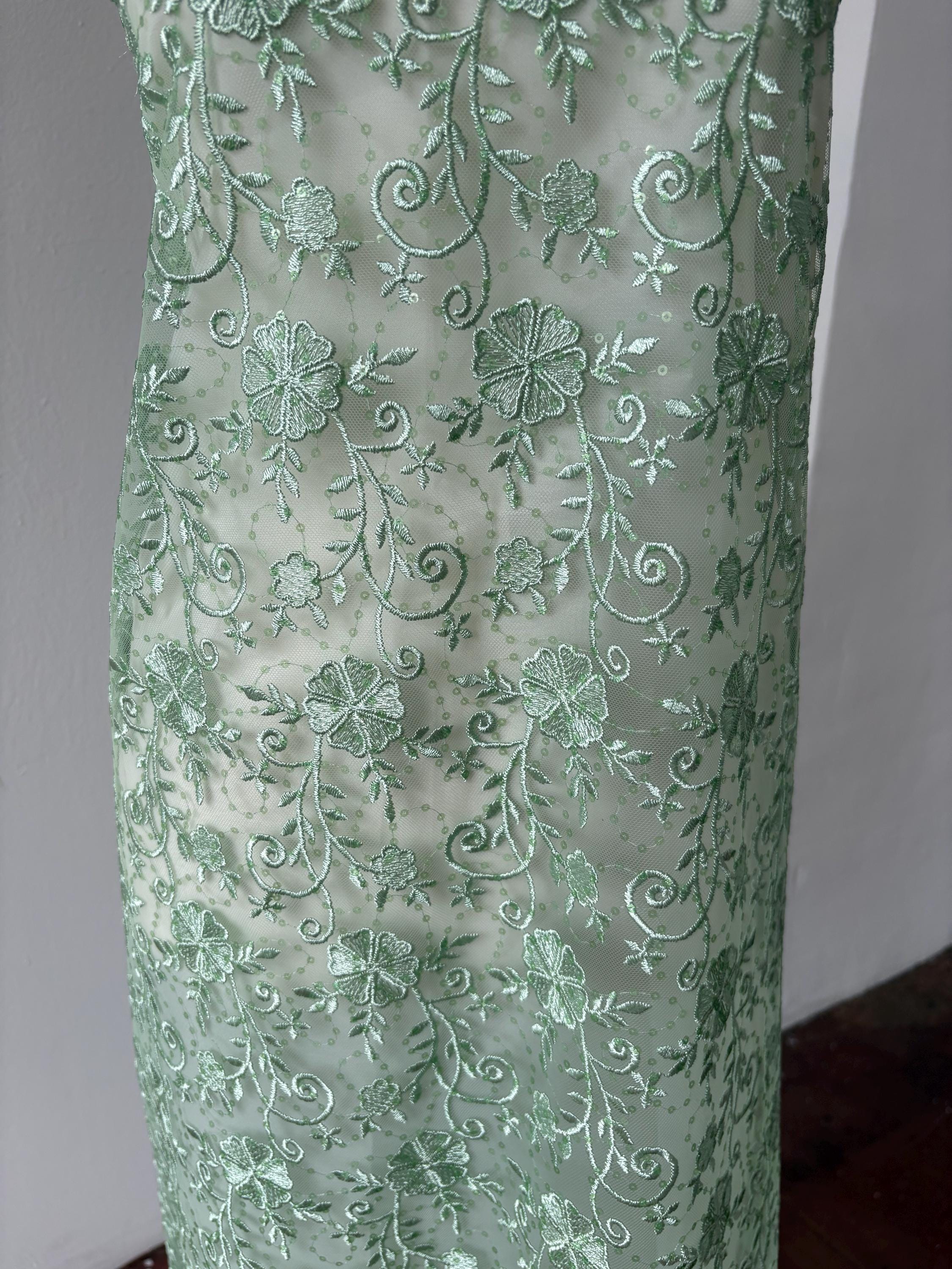Sage lace fabric double scalloped embroidery sequence width 49". Design 04331279. shop with confidence ask fro free sample.