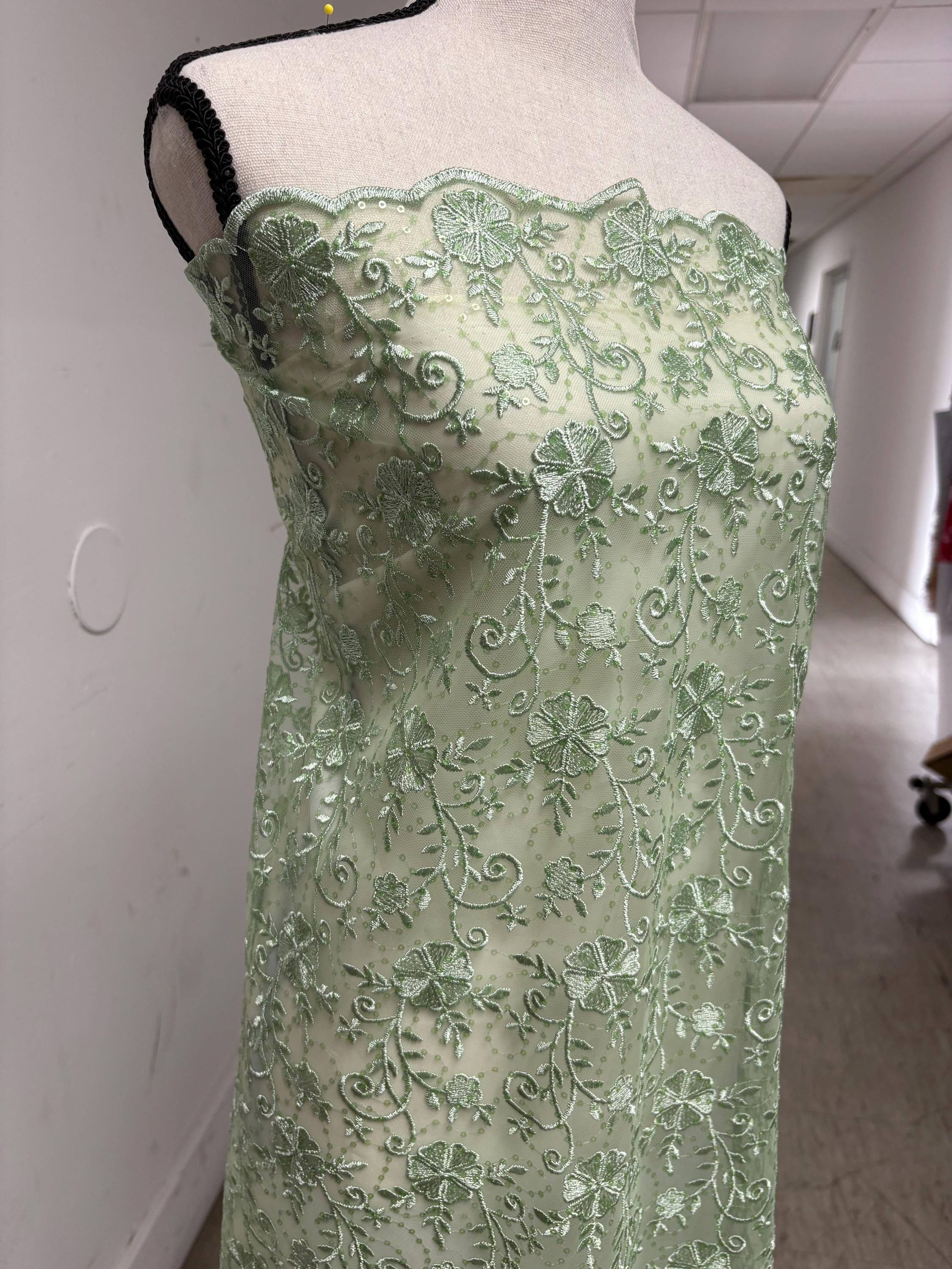 Sage lace fabric double scalloped embroidery sequence width 49". Design 04331279. shop with confidence ask fro free sample.