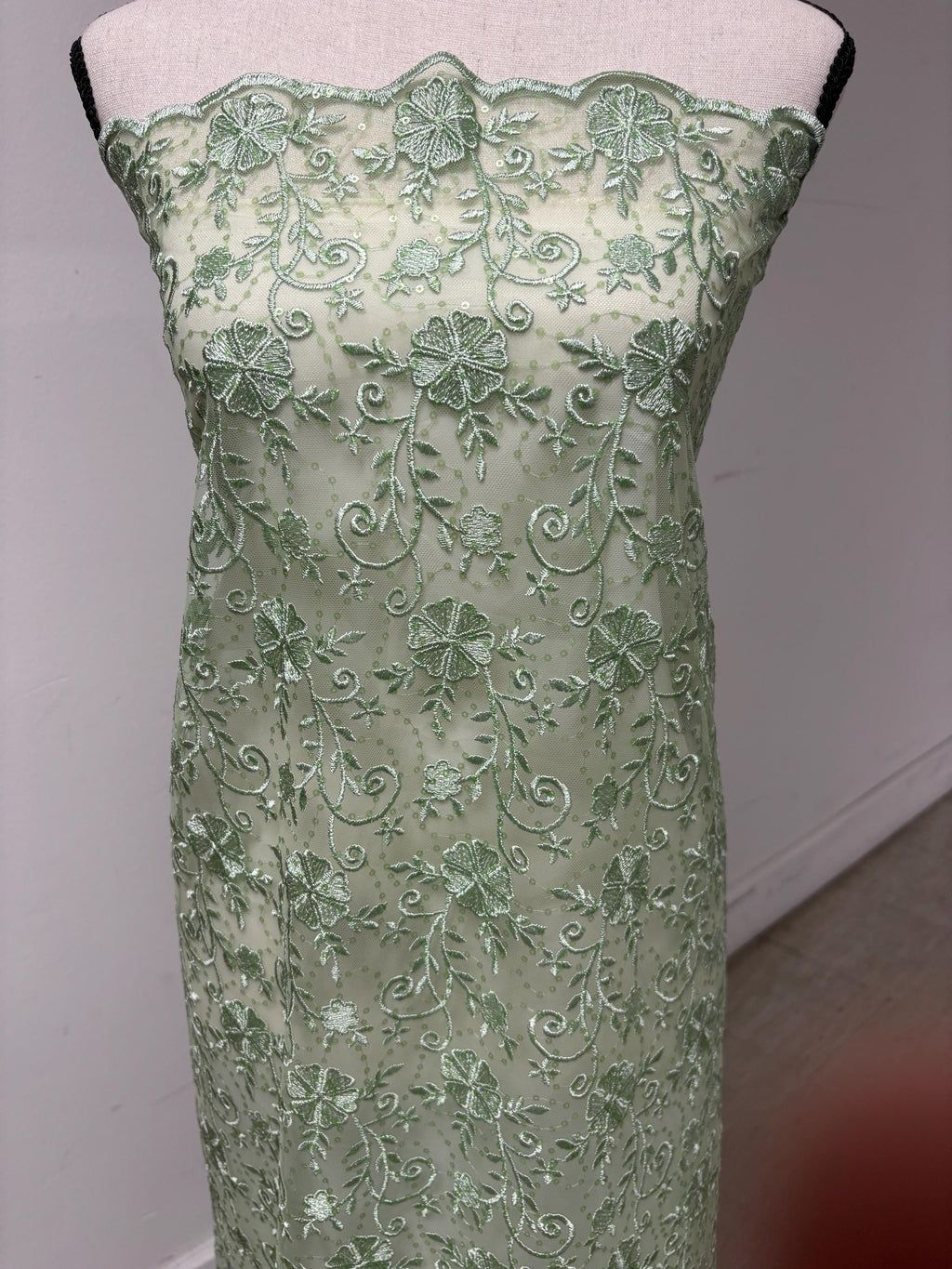 Sage lace fabric double scalloped embroidery sequence width 49". Design 04331279. shop with confidence ask fro free sample.