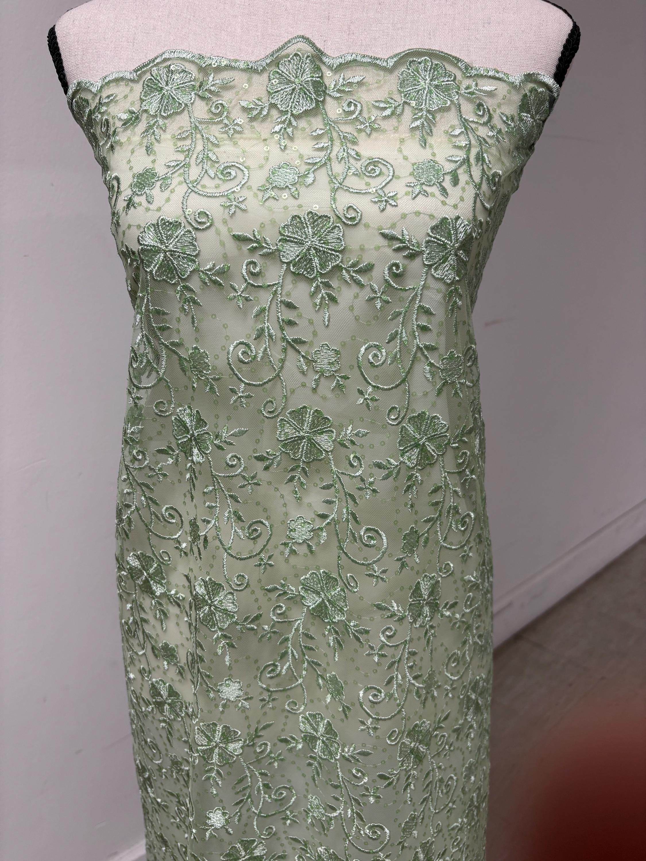 Sage lace fabric double scalloped embroidery sequence width 49". Design 04331279. shop with confidence ask fro free sample.