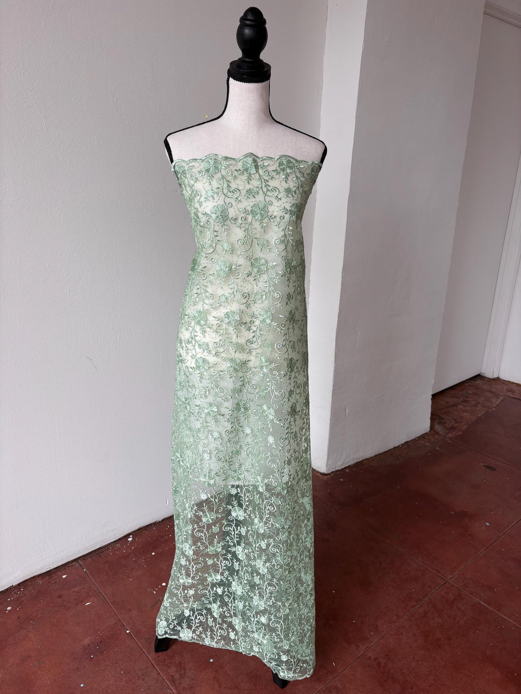 Sage lace fabric double scalloped embroidery sequence width 49". Design 04331279. shop with confidence ask fro free sample.