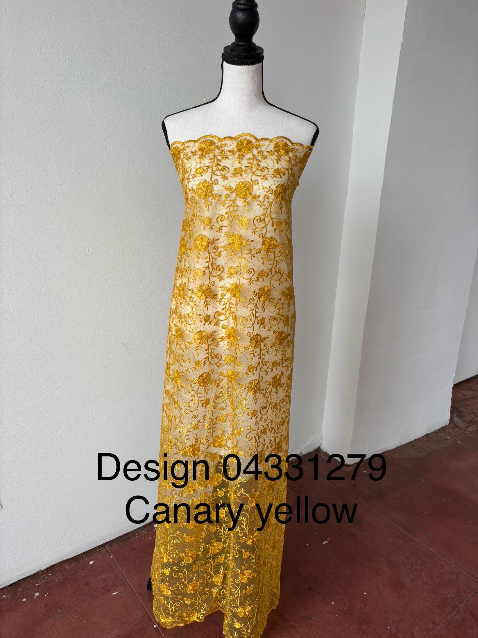 Canary yellow lace fabric double scalloped embroidery sequence width 49". Design 04331279. shop with confidence ask fro free sample.