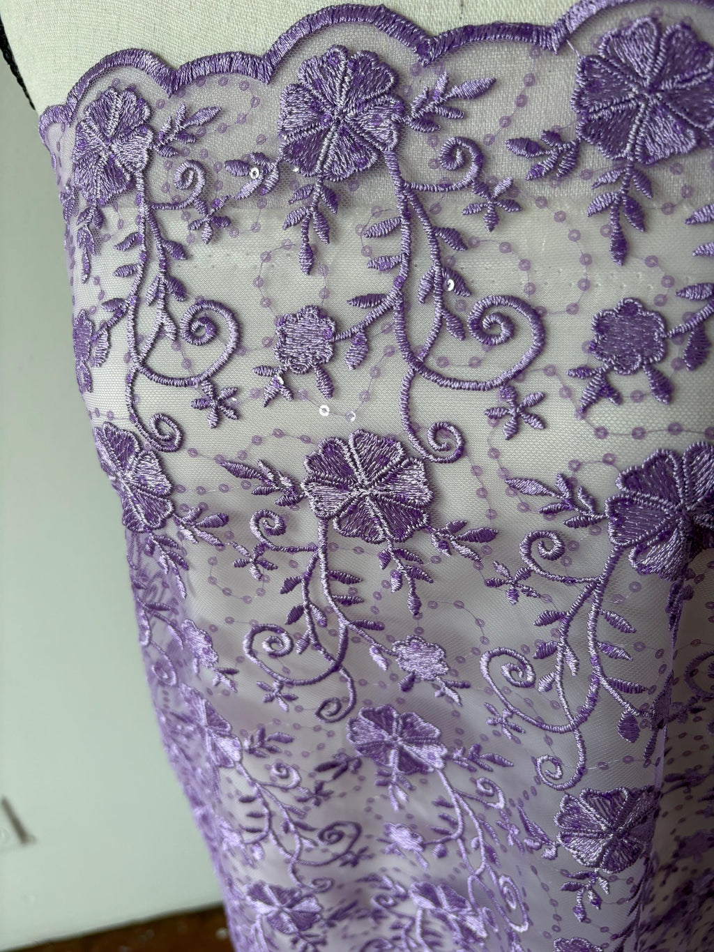 Lilac lace fabric double scalloped embroidery sequence width 49". Design 04331279. shop with confidence ask fro free sample.