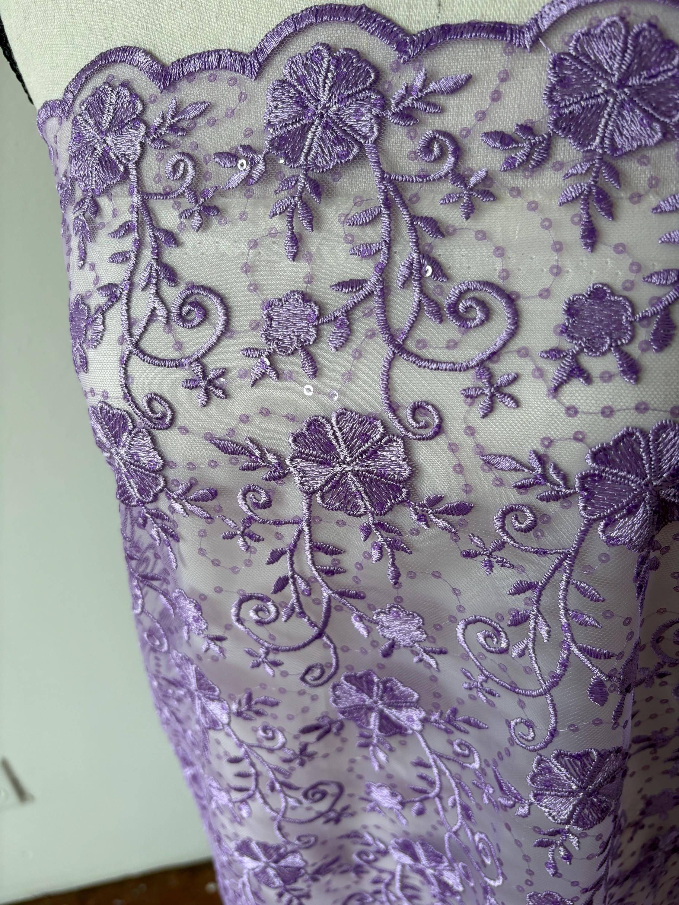 Lilac lace fabric double scalloped embroidery sequence width 49". Design 04331279. shop with confidence ask fro free sample.
