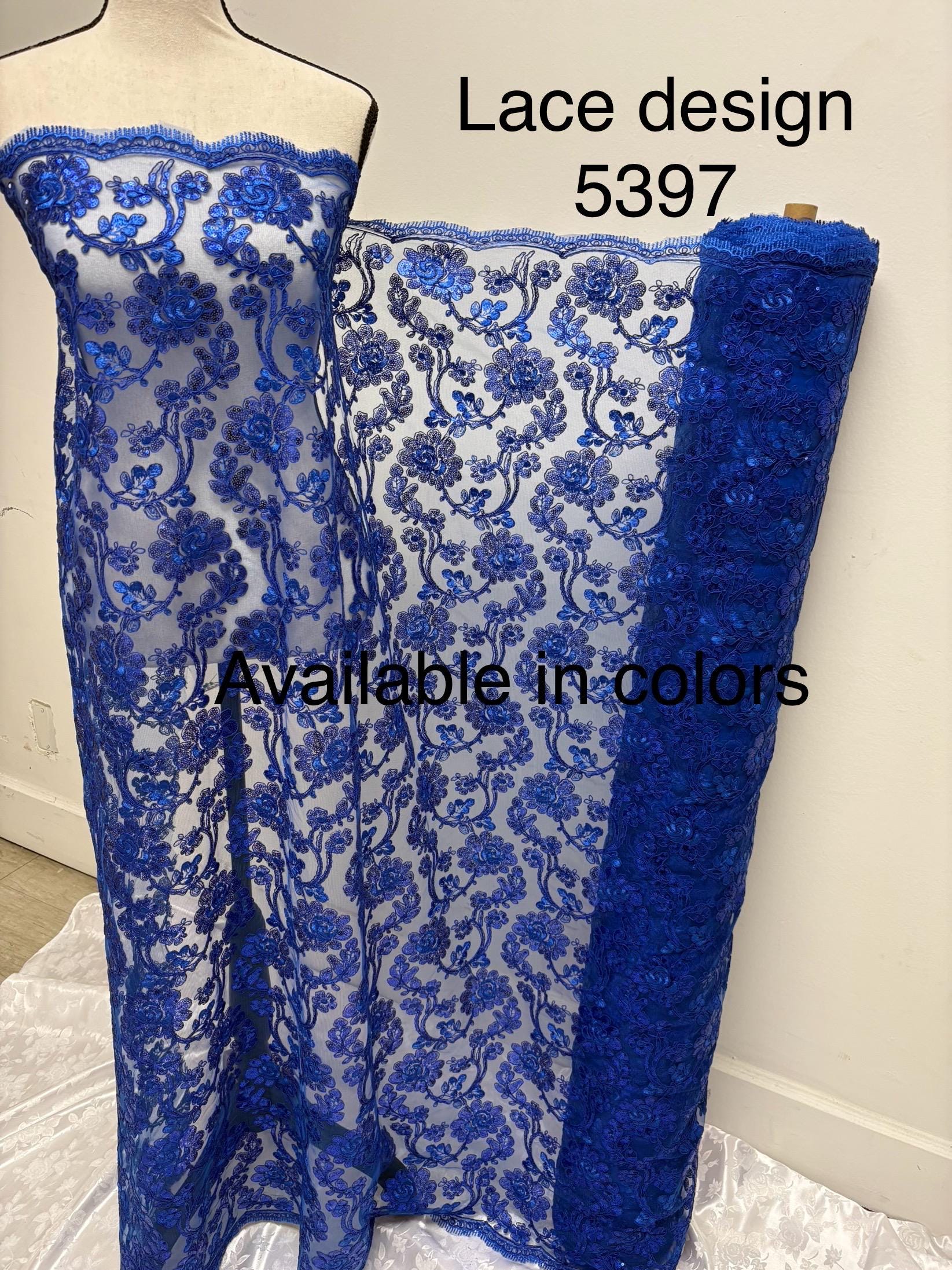 Royal Blue Lace fabric design 5397, double scalloped sequins embroidery color width 49/50".