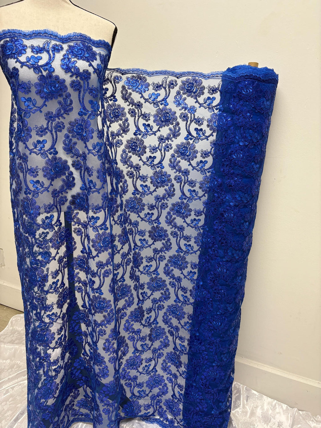 Royal Blue Lace fabric design 5397, double scalloped sequins embroidery color width 49/50".